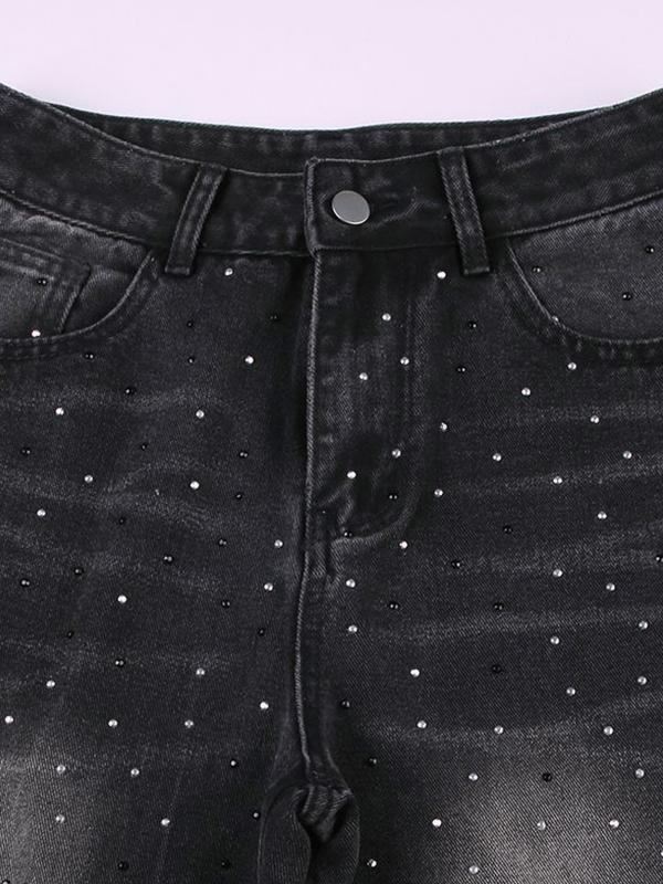 Wash Distressed Rhinestone High Rise Boyfriend Jeans Product Image