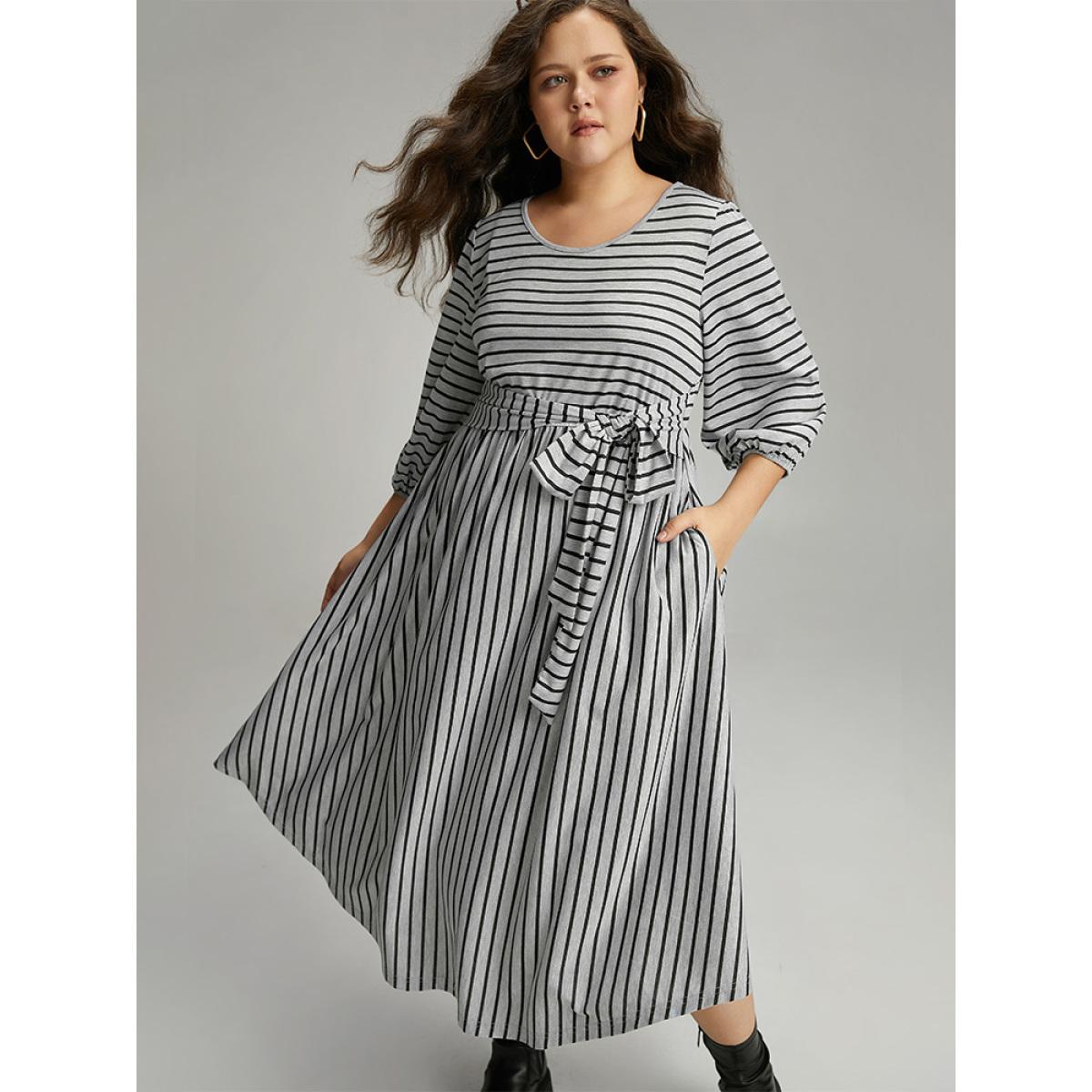 Plus Size Striped Ties Lantern Sleeve Curved Hem Dress Gray Women Casual Elastic cuffs Round Neck Elbow-length sleeve Curvy Midi Dress BloomChic 18-20/2X Product Image