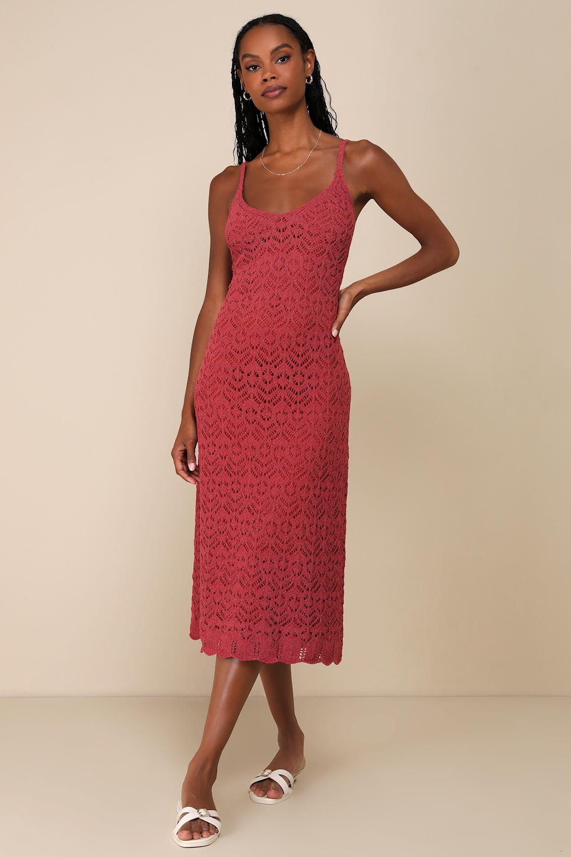 Sunset Vibes Rust Red Crochet Sleeveless Midi Dress Product Image
