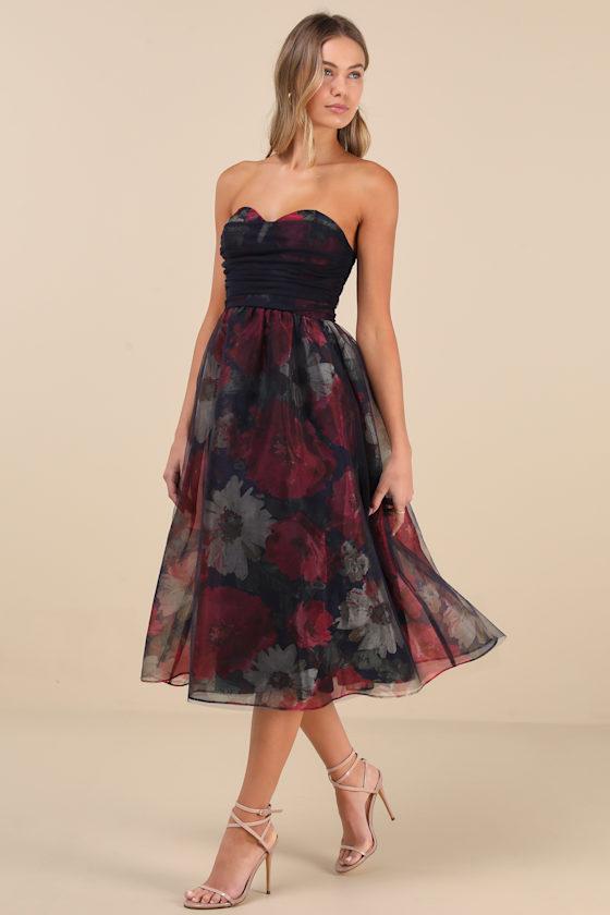 Splendidly Yours Navy Floral Organza Mesh Strapless Midi Dress Product Image