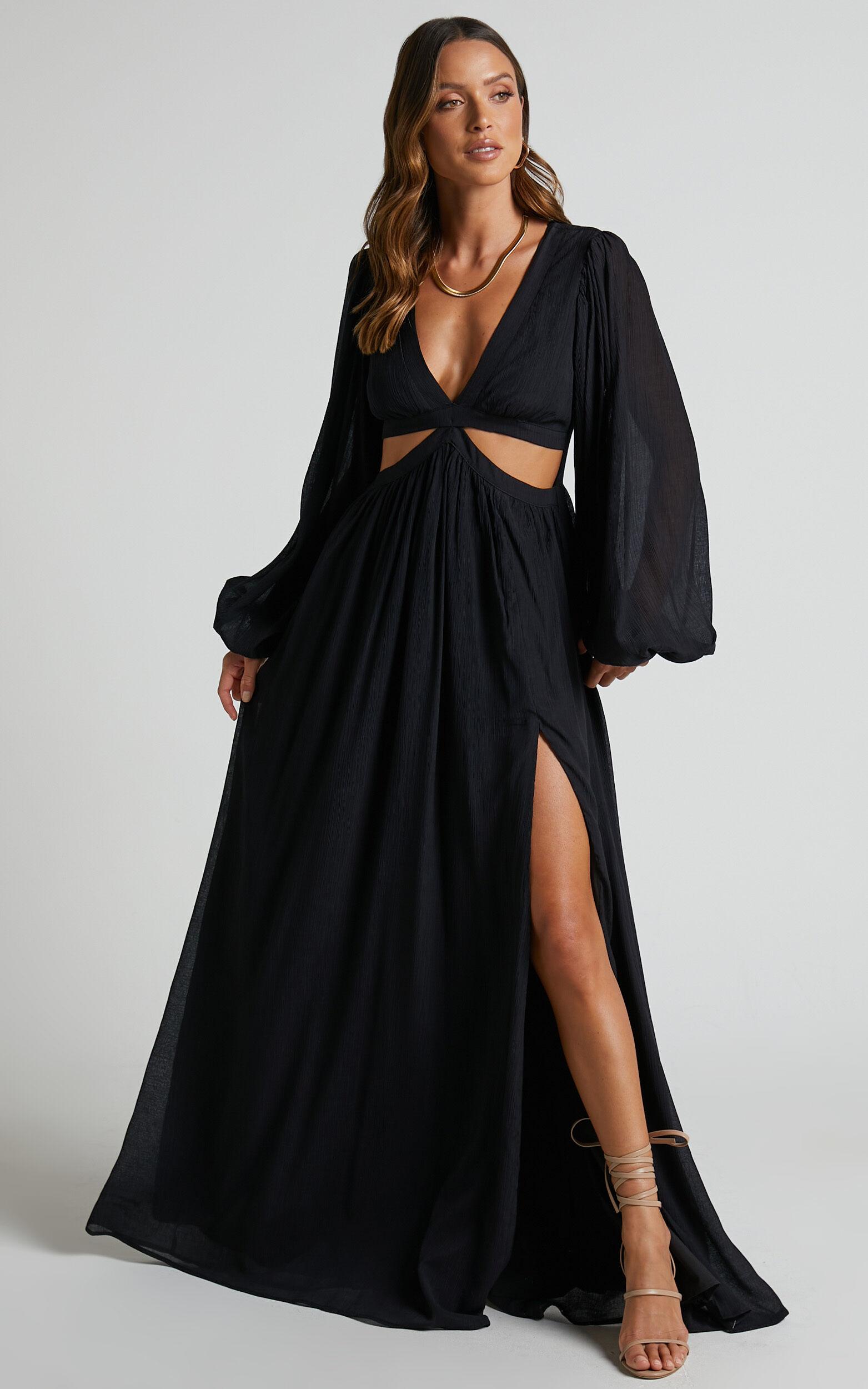 Paige Maxi Dress - Side Cut Out Balloon Sleeve Dress in Black Product Image
