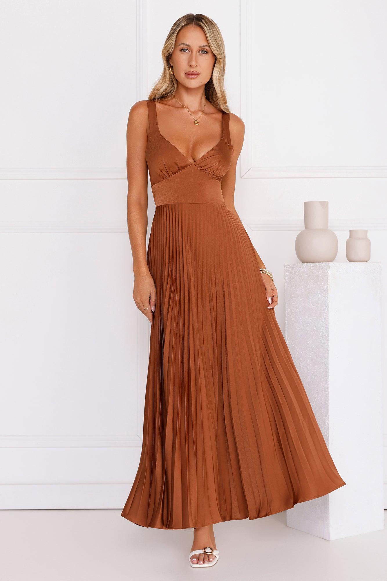 Evening Reverie Pleated Maxi Dress Brown Product Image