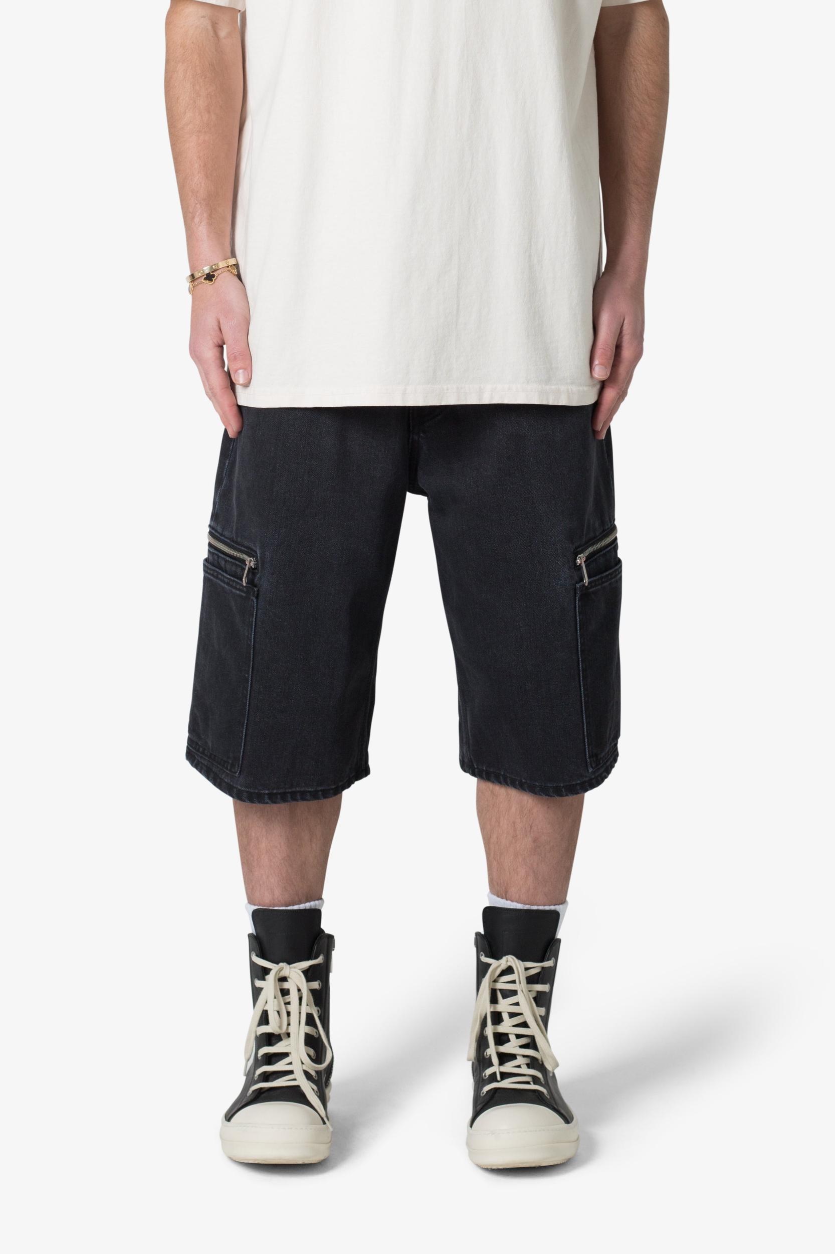 Zipper Baggy Denim Shorts - Black Product Image