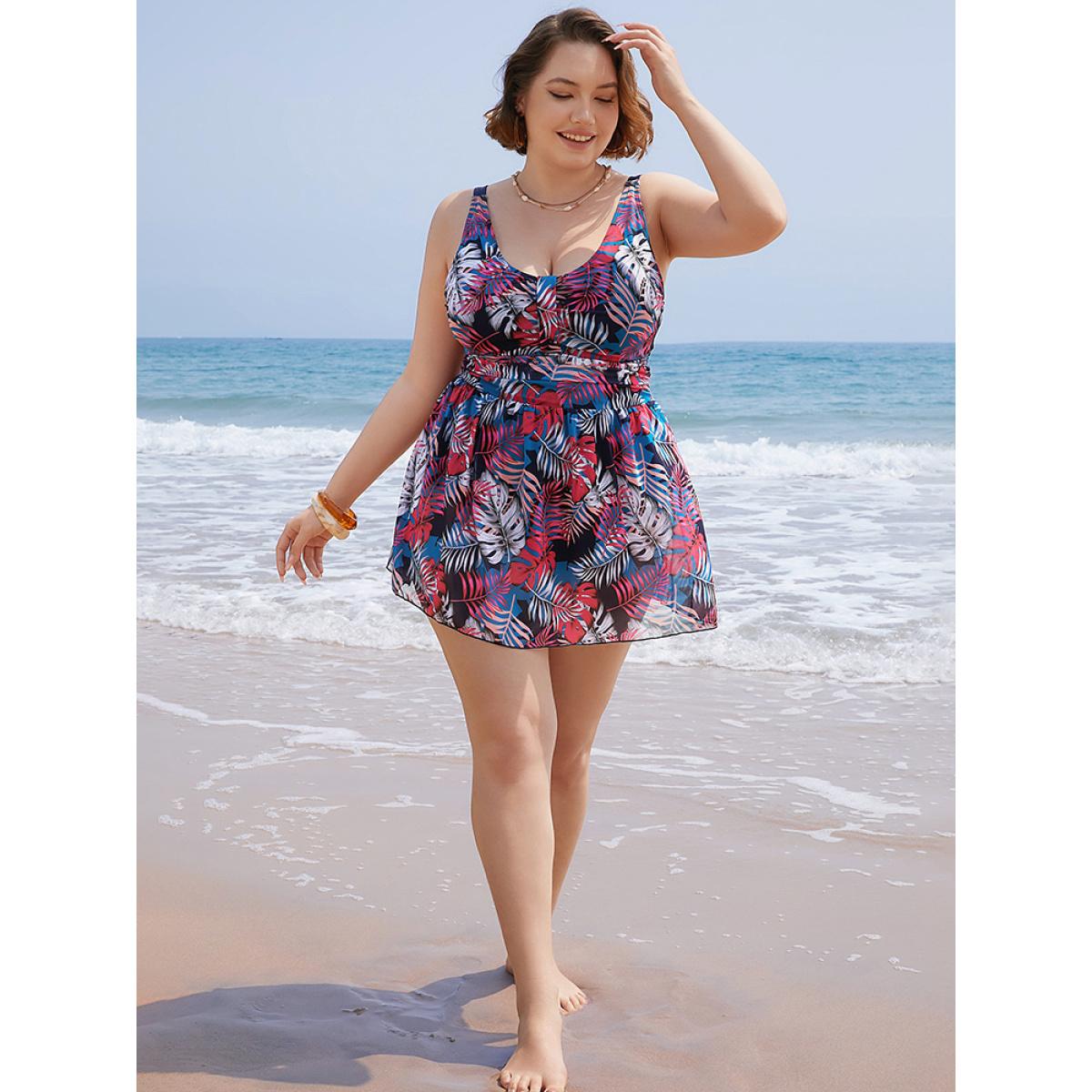 Plus Size Plant Print Contrast Ruffle Hem A Line Ruched Swim Dress Women's Swimwear Indigo Vacation Bodycon V-neck High stretch Curve Swim Dresses BloomChic 22-24/3X Product Image