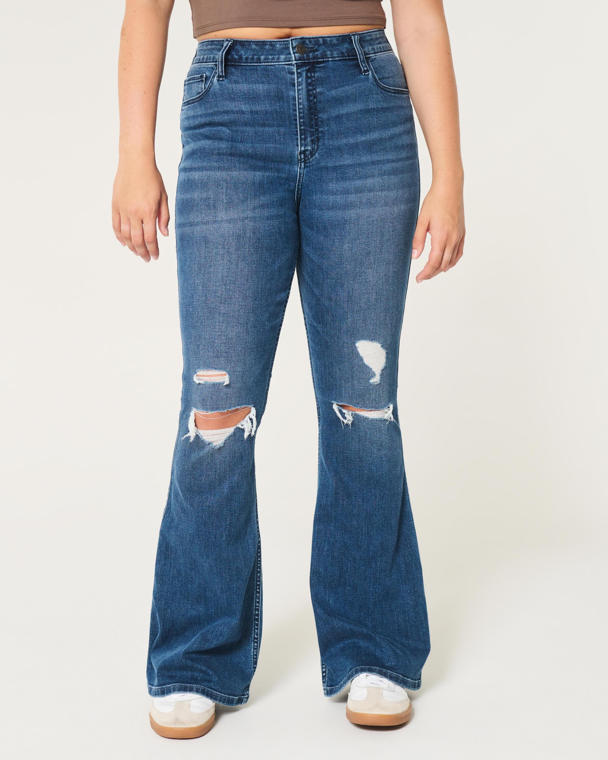 High-Rise Ripped Medium Wash Flare Jeans Product Image