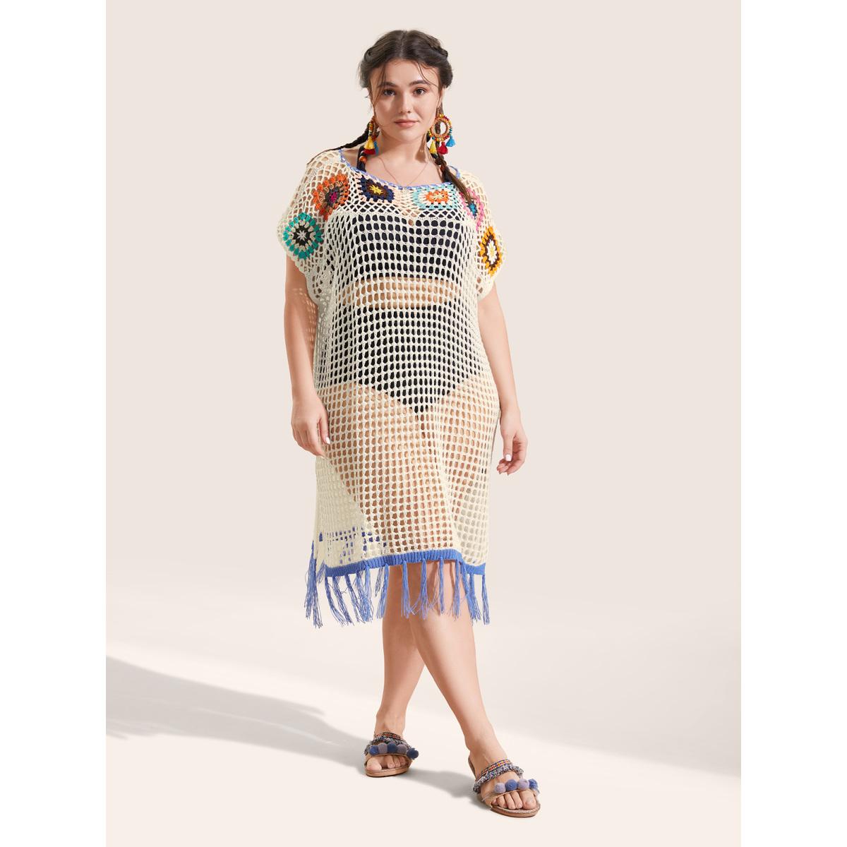 Plus Size Contrast Crochet Cut Out Slit Hem Swim Cover Up Women's Swimwear Ivory Beach Loose Crochet Curve Swim Cover Ups BloomChic 12/L Product Image