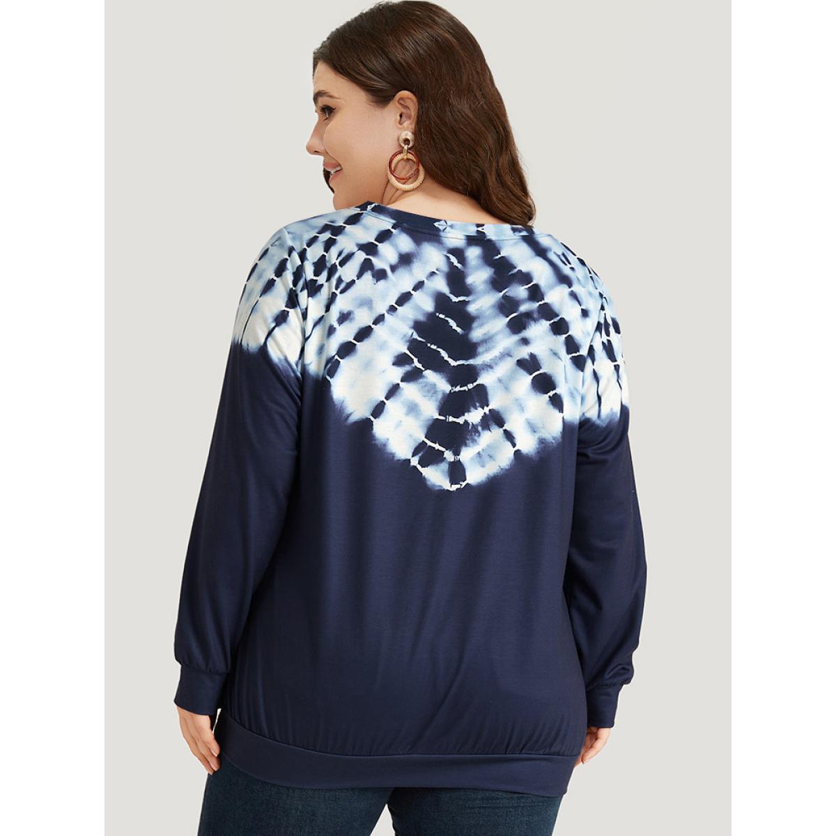 Plus Size Tie Dye V Neck Elastic Cuffs Contrast Sweatshirt Women Indigo Casual Elastic cuffs V-neck Dailywear Sweatshirts BloomChic 28/5X Product Image