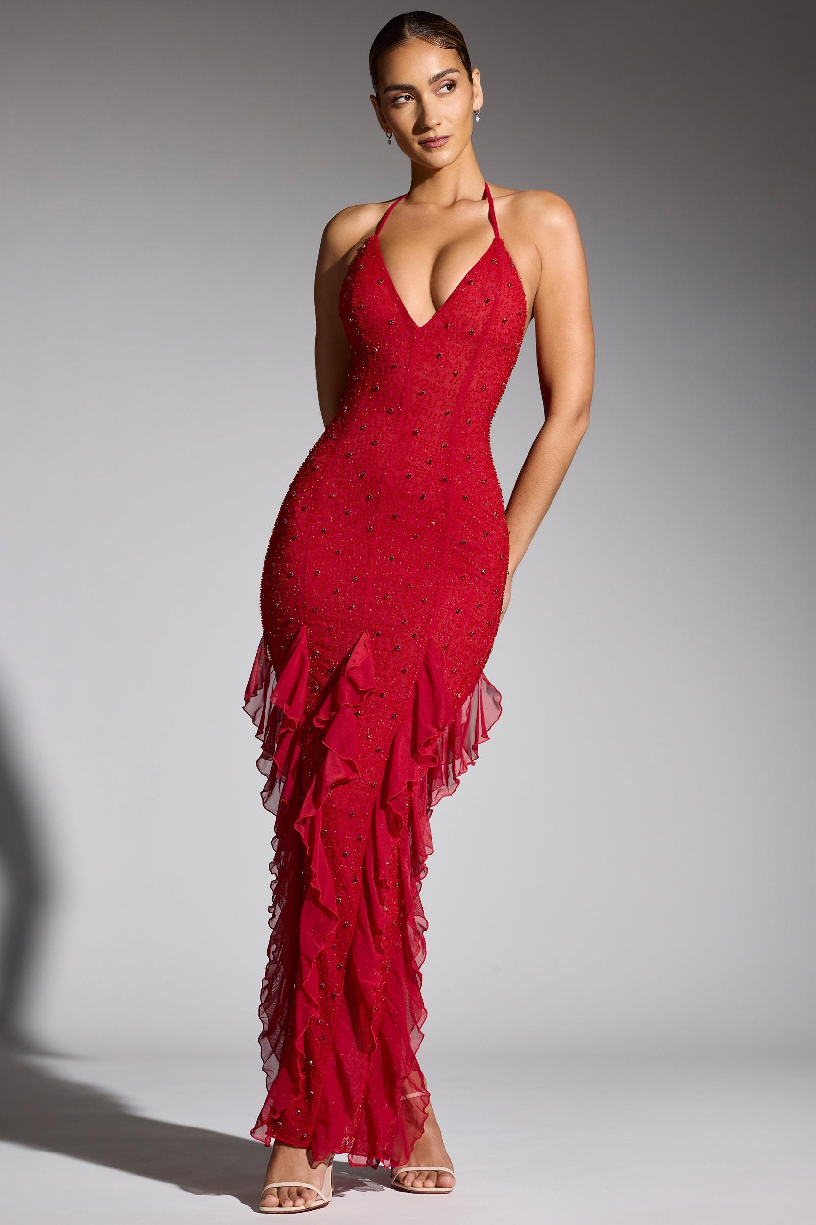 Embellished Halter Neck Ruffle Maxi Dress in Red Product Image