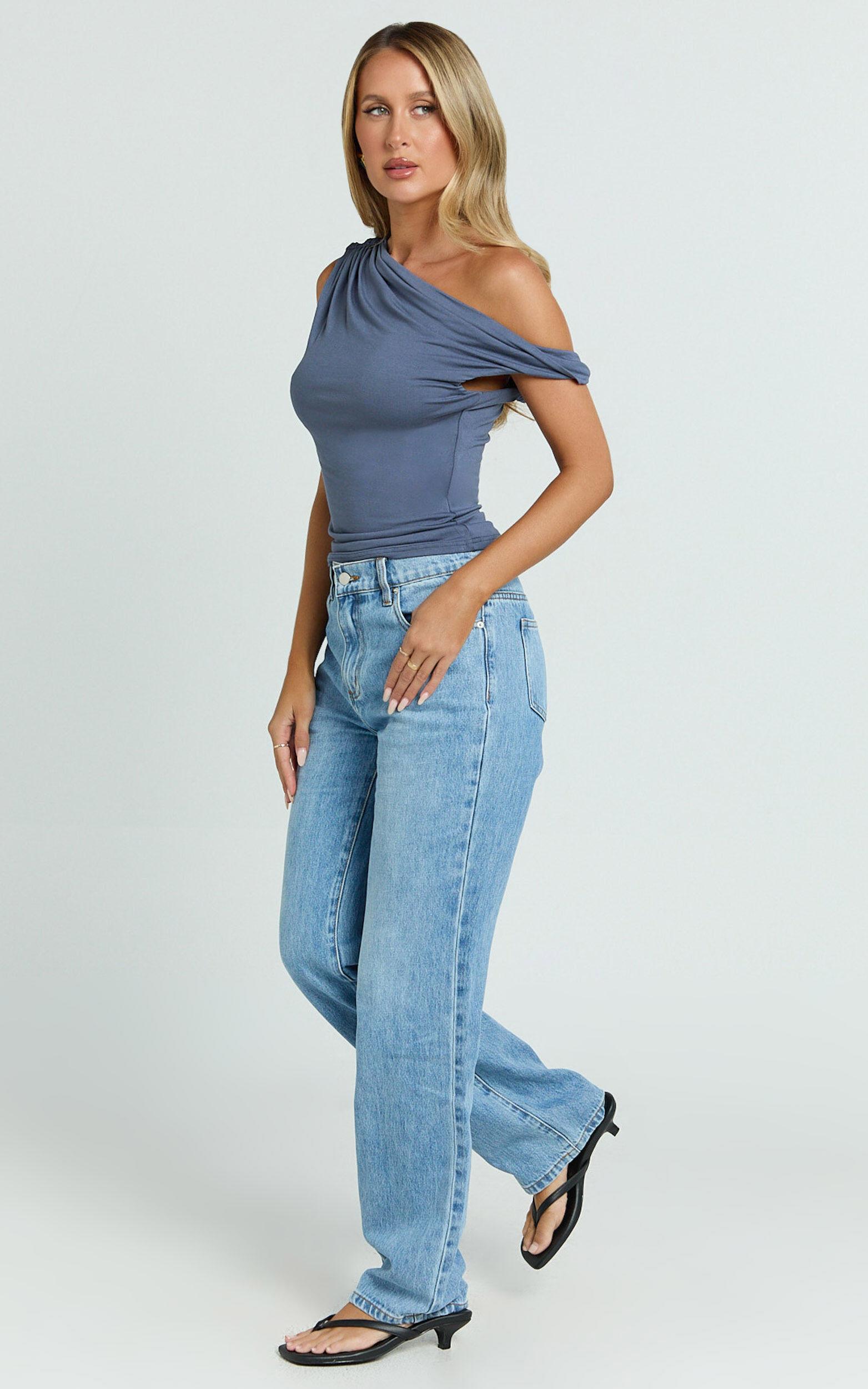 Jialeen Top - Off Shoulder Twist Asymmetrical Sleeve Top in Steel Product Image