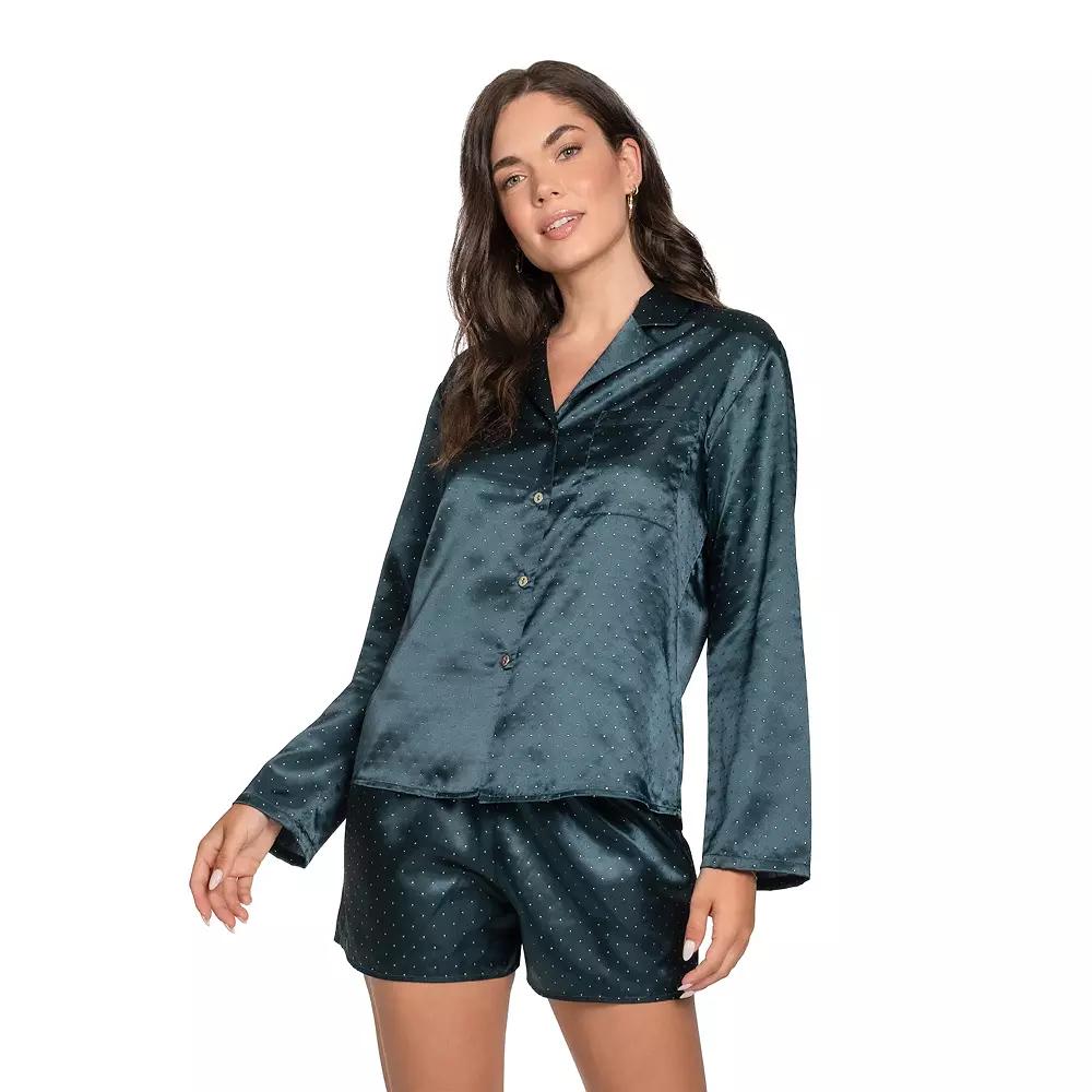 Women's Lilac+London Satin Button-Down Pajama Top & Pajama Shorts Set, Size: XXL, Green Product Image