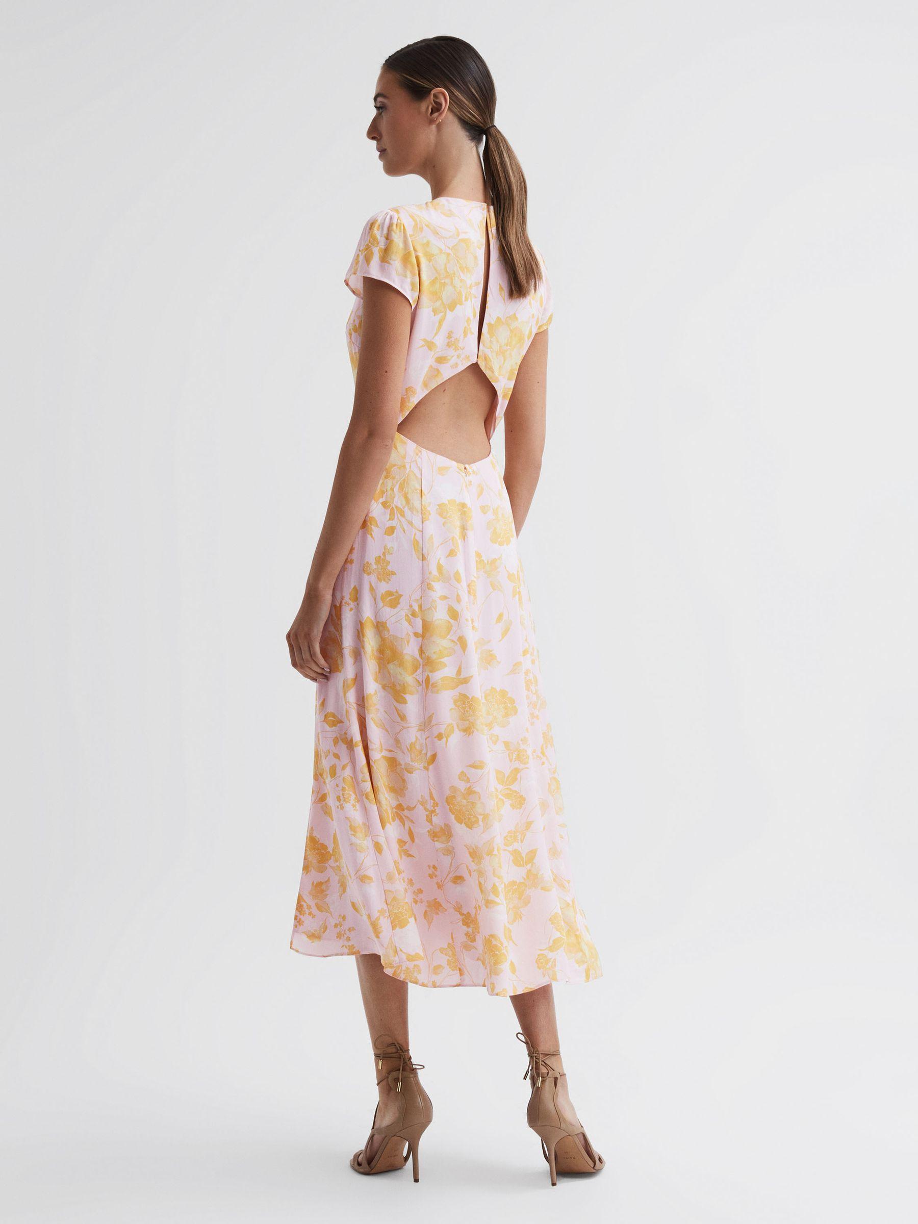 Floral Cut-Out Back Midi Dress in Pink/Yellow Product Image
