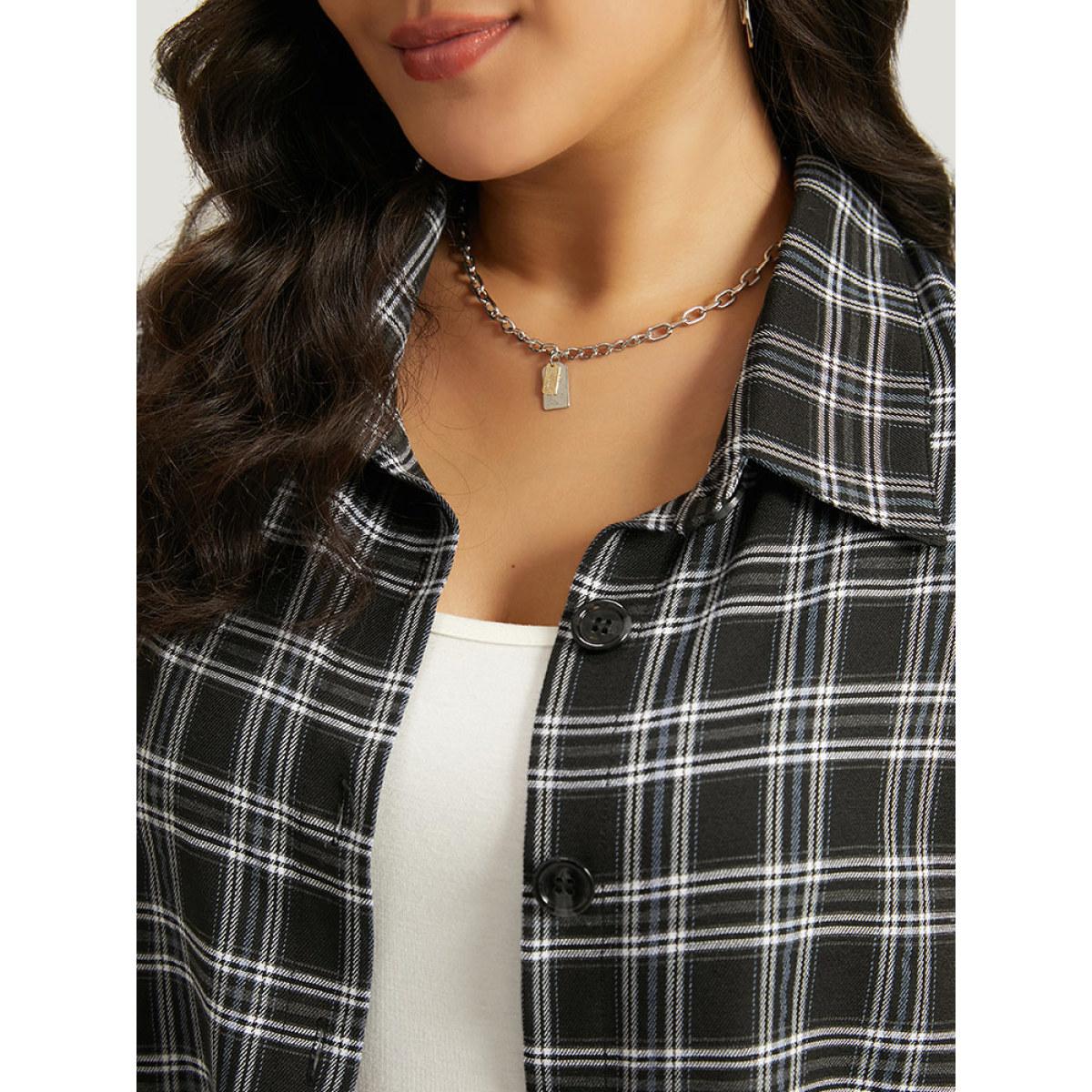 Plus Size Plaid Button Fly Curved Hem Shirt Collar Coat Women Black Casual Arc Hem Ladies Dailywear Winter Coats BloomChic 18-20/2X Product Image