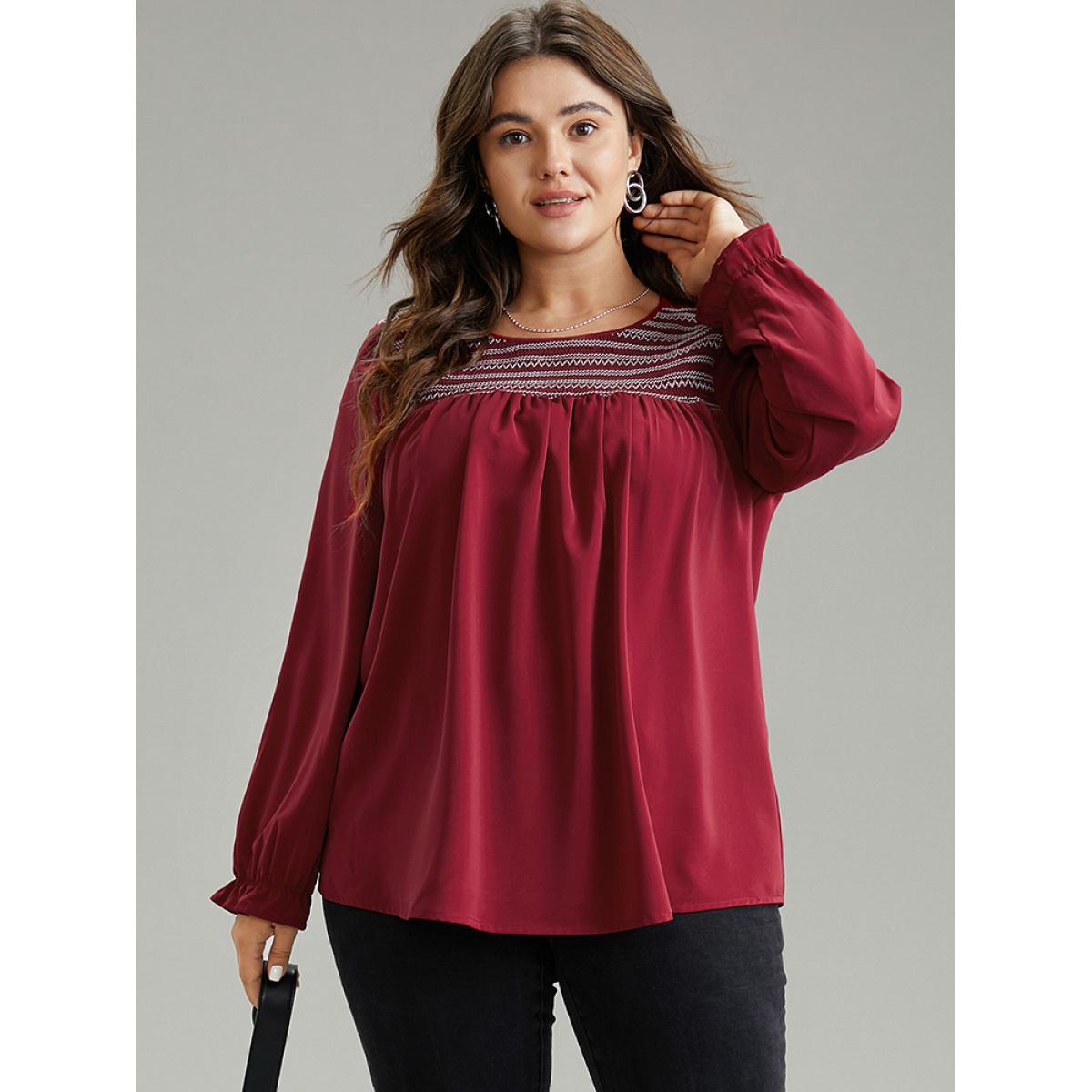 Plus Size Scarlet Contrast Trim Plicated Detail Flutter Sleeve Blouse Women Office Long Sleeve Round Neck Office Blouses BloomChic 30/6X Product Image