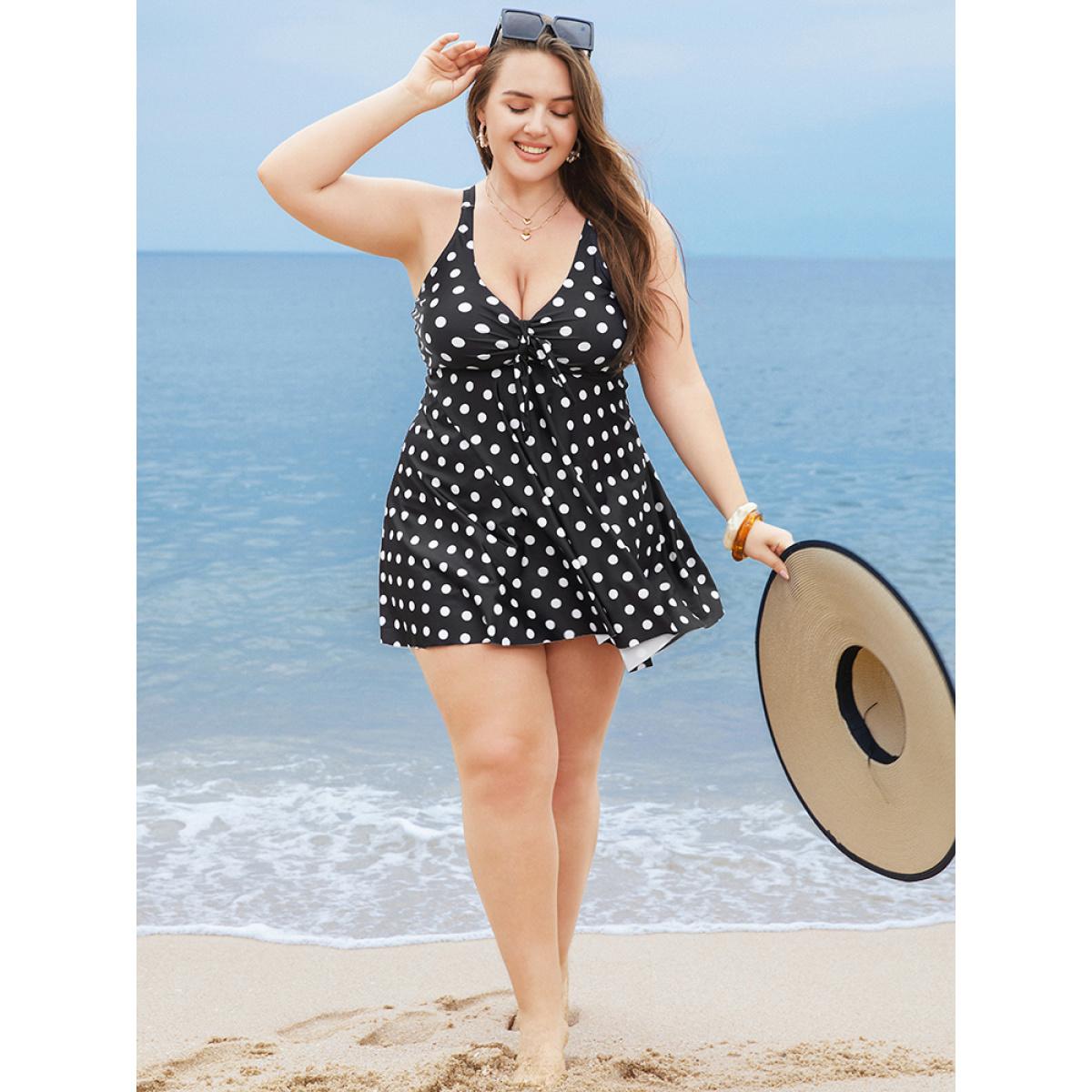 Plus Size Polka Dot Twist Front Adjustable Straps Swim Dress Women's Swimwear BlackFlower Vacation Bodycon Deep V-neck High stretch Curve Swim Dresses BloomChic 22-24/3X Product Image