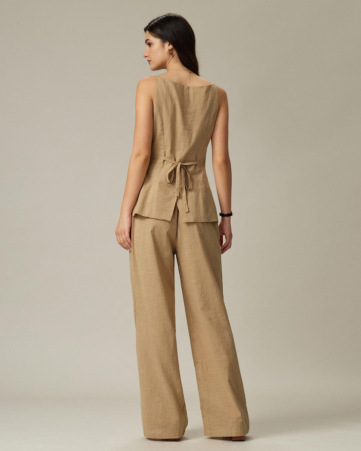 Brown Elastic Waist Pocket Straight Pants Product Image