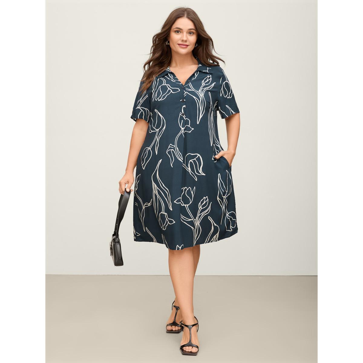 Plus Size Floral Print Cinched Flared Knee-Length Dress DarkBlue Women Office Shirt collar Short sleeve Curvy BloomChic 14-16/1X Product Image