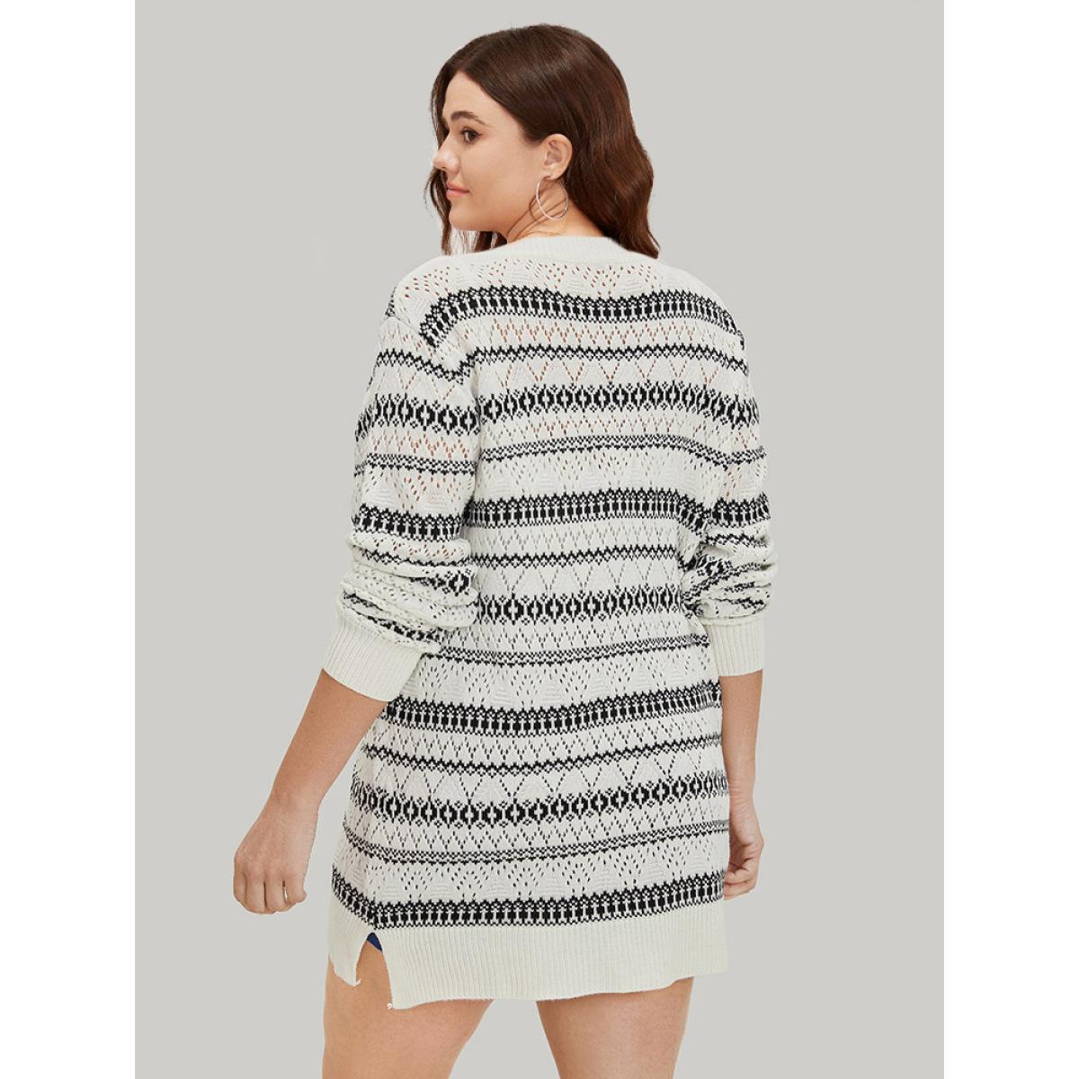 Plus Size Geometric Striped Button Through Patchwork Cardigan Ivory Women Casual Loose Long Sleeve Dailywear Cardigans BloomChic 22-24/3X Product Image