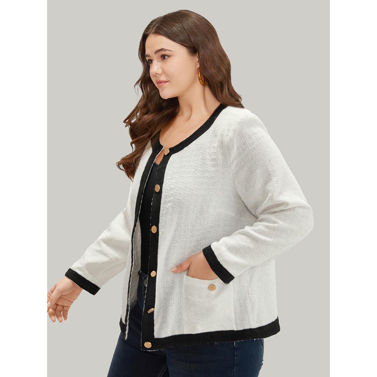 Plus Size Two Tone Tweed Buckle Detail Pocket Blazer White Women Office Plain Texture Sleeve Long Sleeve Round Neck 14-16/1X Pocket Work From Home Blazers BloomChic Product Image