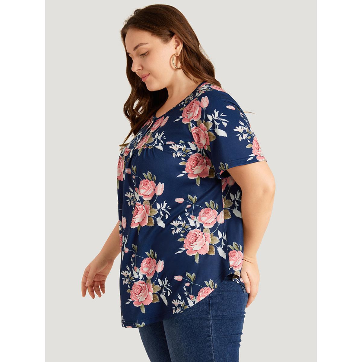 Plus Size Floral Print Button Up Flutter Gathered T-shirt Blue Women Elegant Printed Floral Open Front Dailywear T-shirts BloomChic 30/6X Product Image
