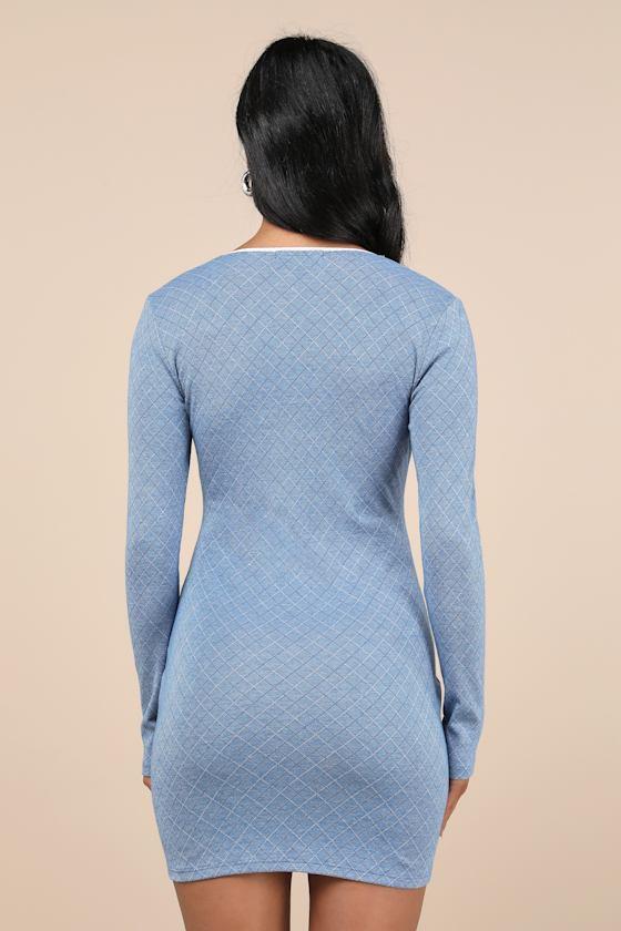 Precious Charisma Blue Plaid Long Sleeve Lace Bow Mini Dress Product Image