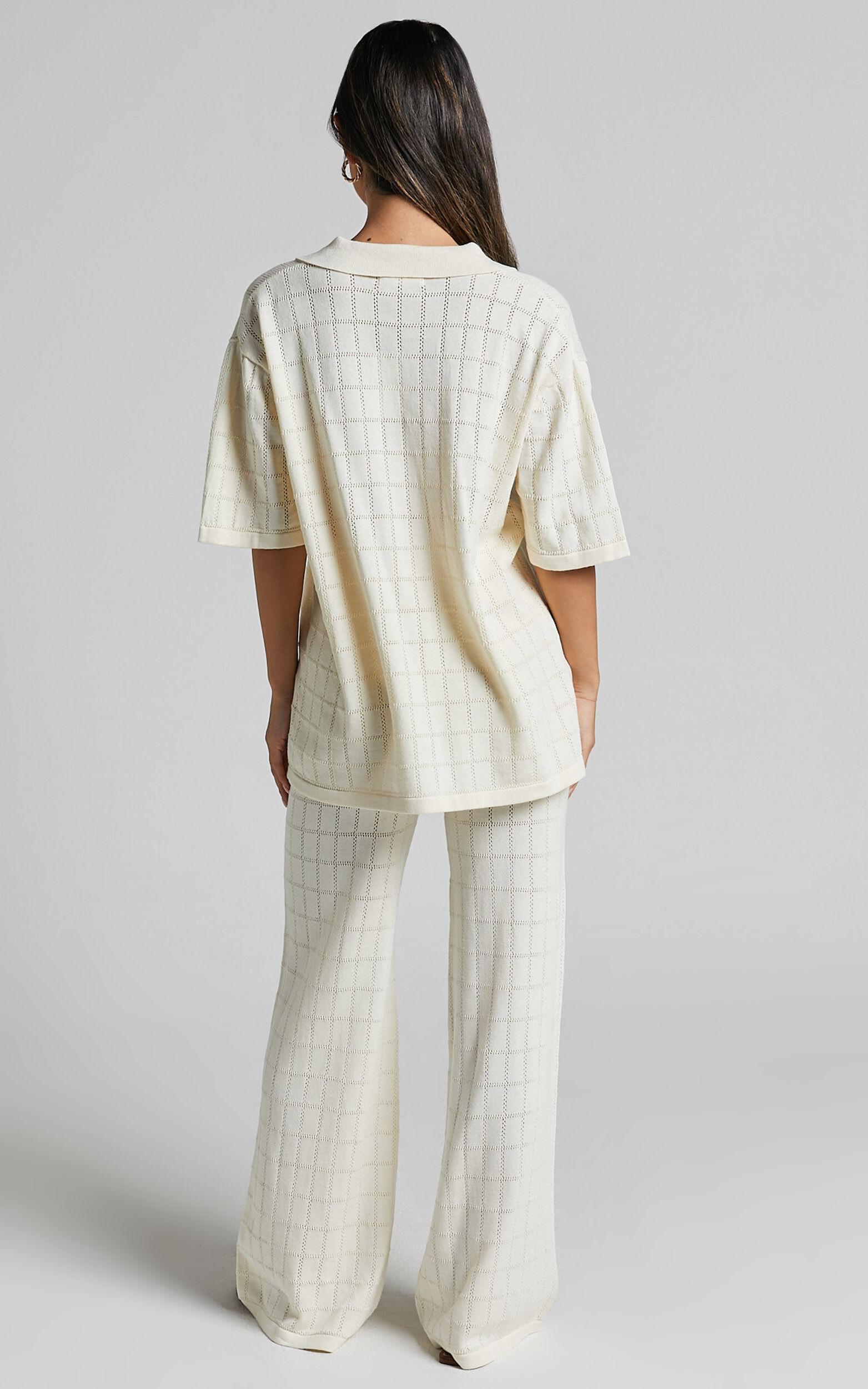Tommy Two Piece Set - Knit Button Through Top and Pants Two Piece Set in Cream Product Image