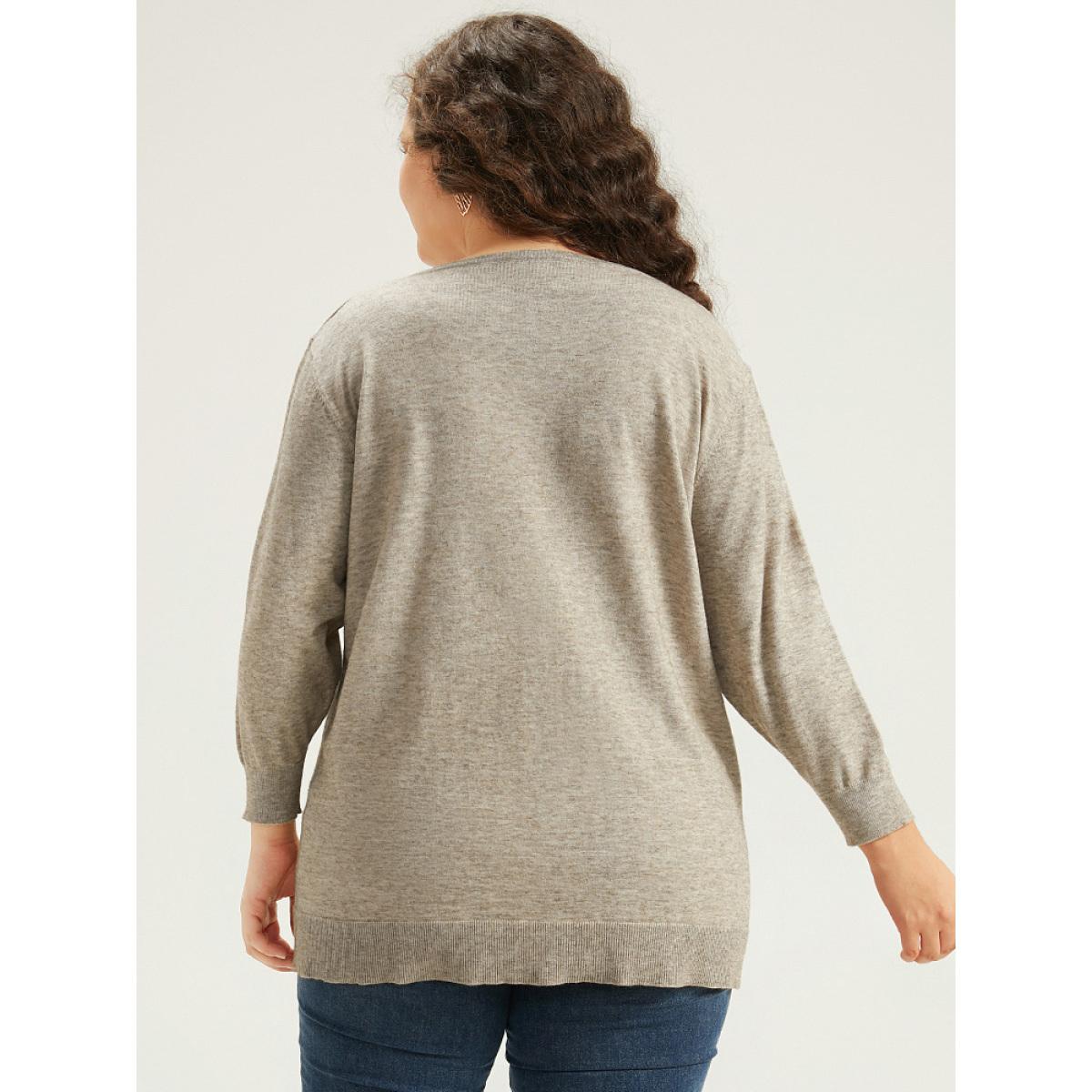 Plus Size Supersoft Essentials Button Detail Solid V Neck Cardigan Champagne Women Casual Elbow-length sleeve Dailywear Cardigans BloomChic 10/M Product Image