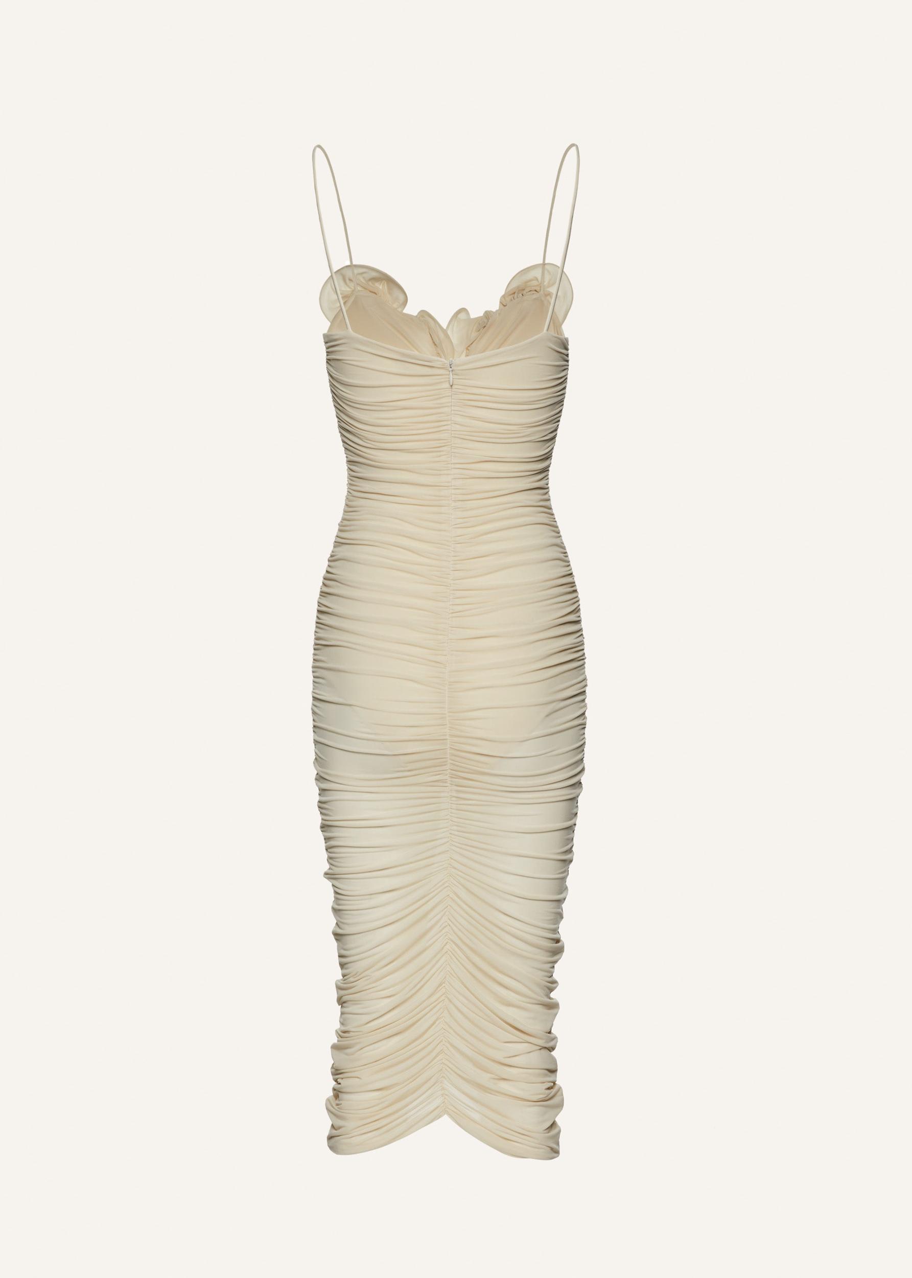 Ruched ruffle midi dress in beige Product Image