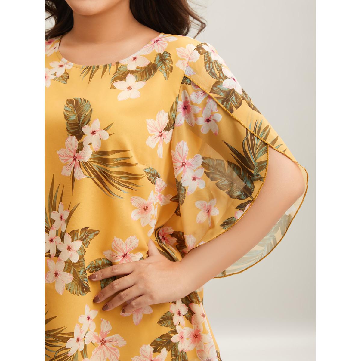 Plus Size Lemonyellow Petal Sleeve Floral Round Neck Shirt Women Elegant Elbow-length sleeve Round Neck Everyday Blouses BloomChic 28/5X Product Image