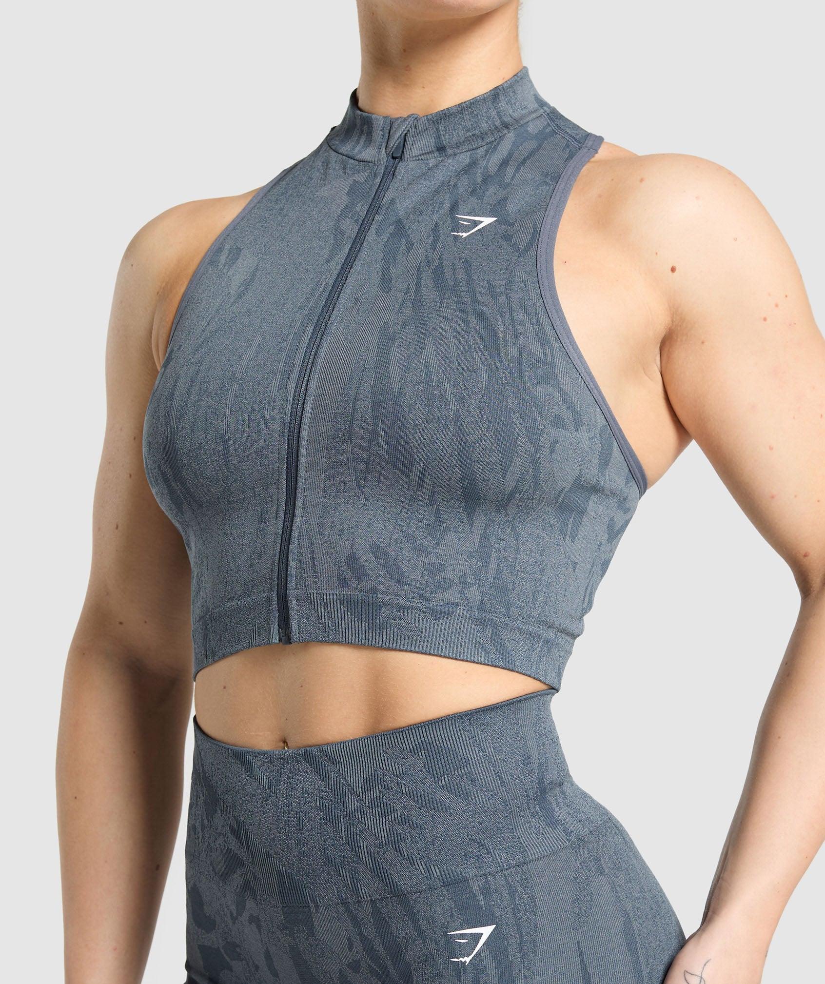 Gymshark Adapt Camo Seamless Zip Up Crop Top - Titanium Blue/Denim Grey Female Product Image