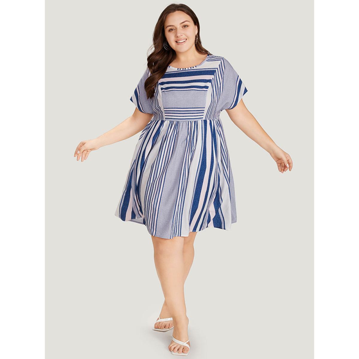 Plus Size Striped Print Patchwork Ruffle Sleeve Ruched Dress DarkBlue Women Vacation Round Neck Short sleeve Curvy Knee Dress BloomChic 30/6X Product Image