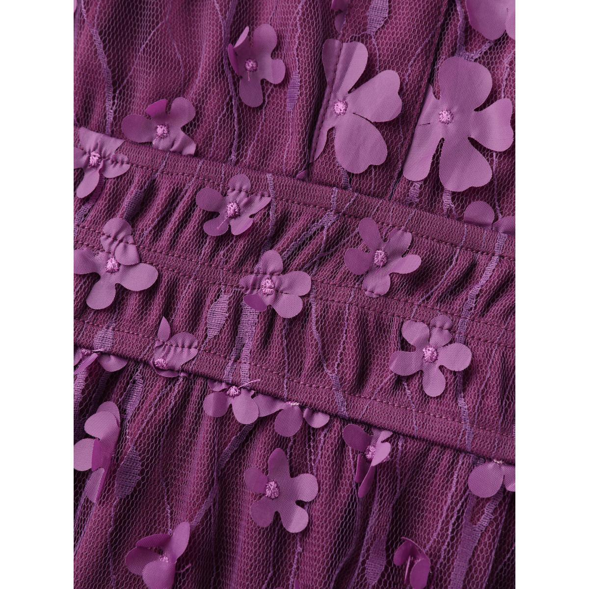 Plus Size 3D Floral Mesh Notched Neckline Midi Dress Deeppurplered Women Party&Cocktail Embroidered Flat collar with V-notch Short sleeve Curvy BloomChic 18-20/2X Product Image