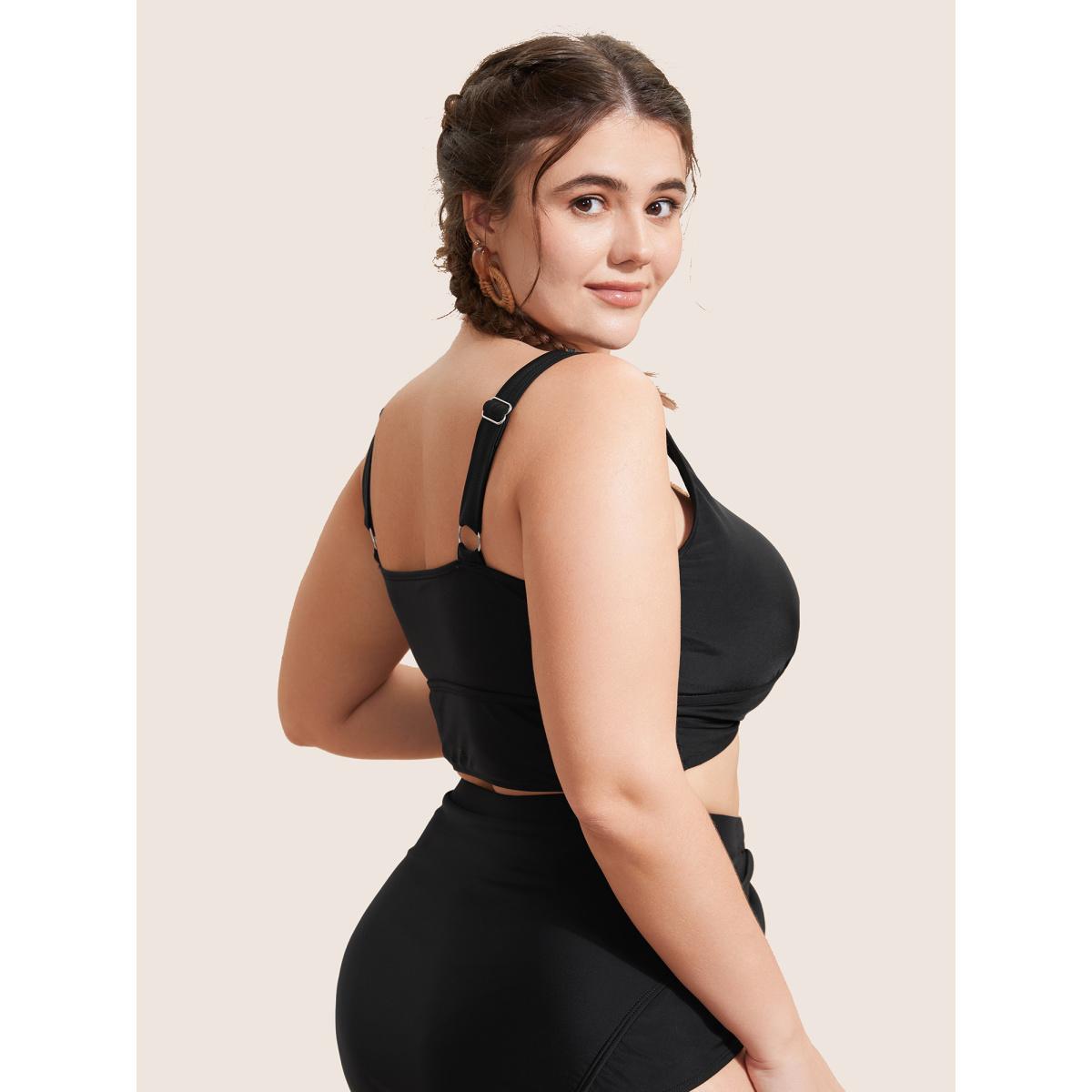Plus Size Solid Square Neck Adjustable Straps Swim Top Women's Swimwear Black Resort High stretch Skinny U-neck Curve Swim Tops BloomChic 30/6X Product Image