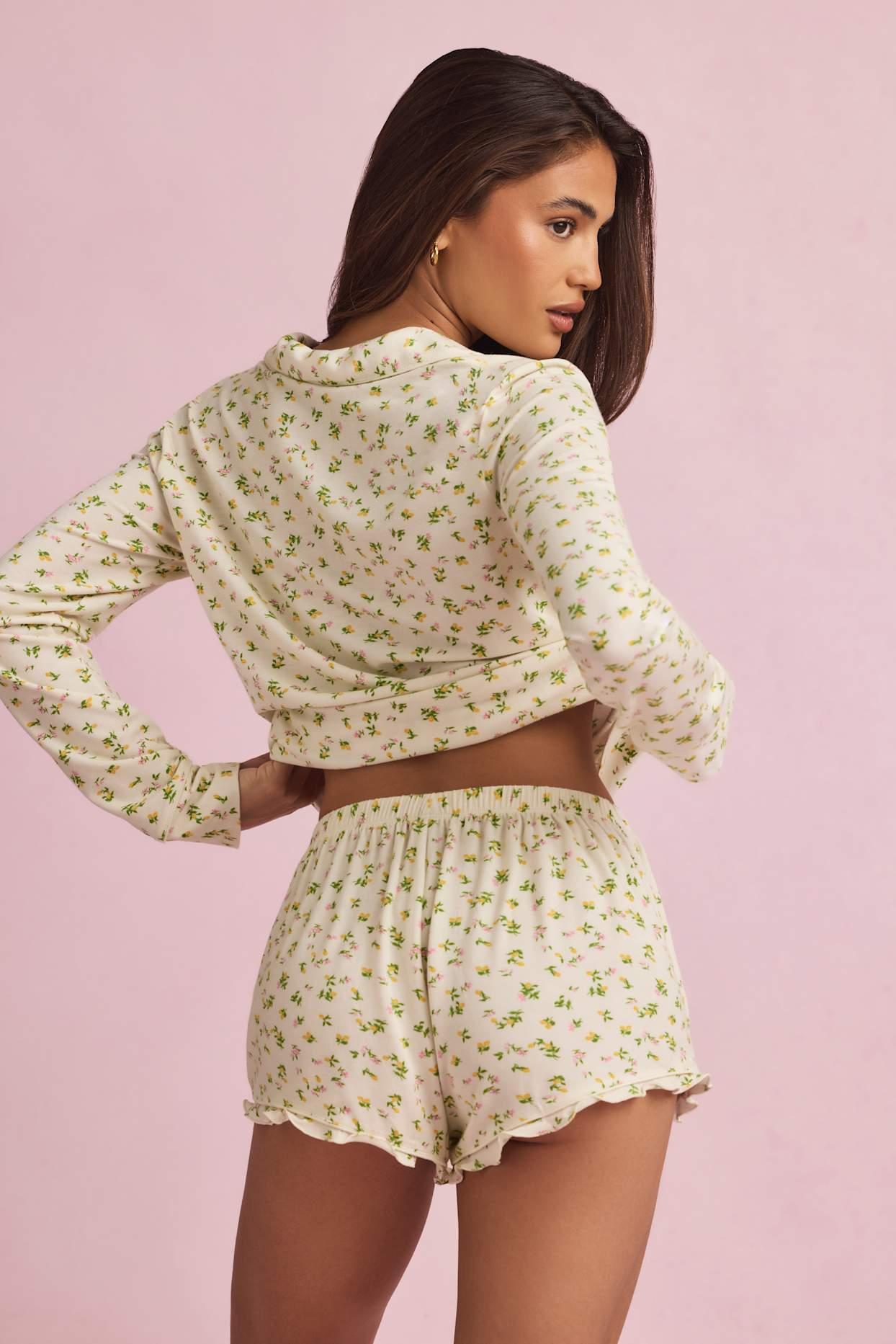 Modal Ruffle-Trim Pyjama Shorts in Lemon Print Product Image