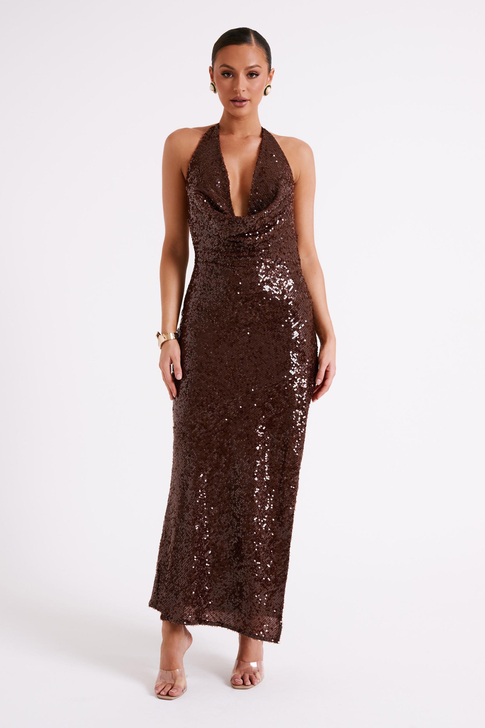 Blakely Halter Sequin Maxi Dress - Dark Chocolate Product Image