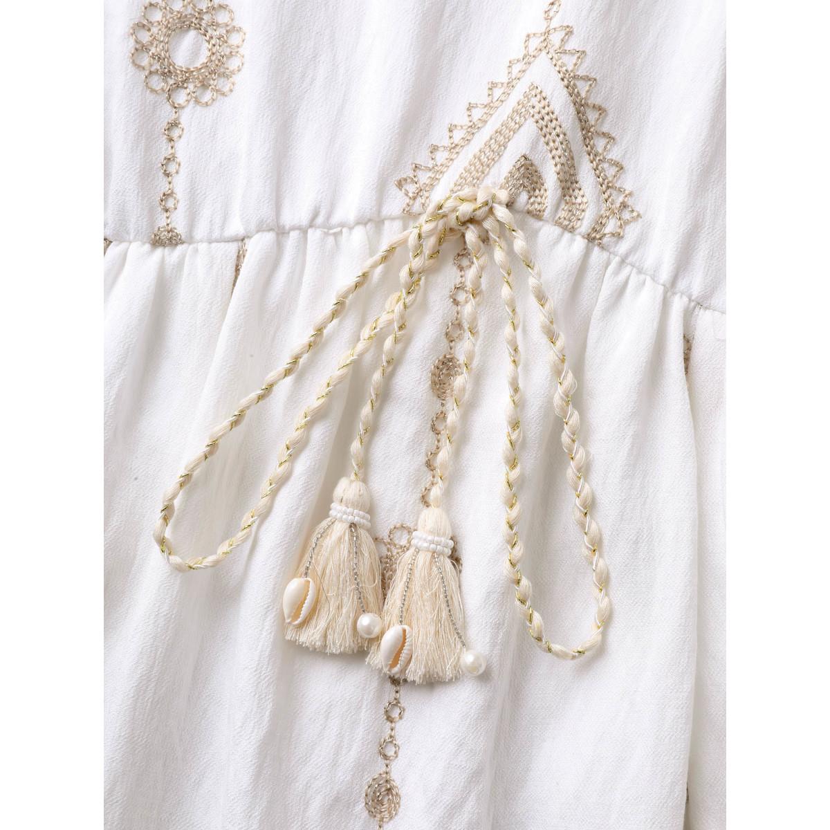 Plus Size Boho Embroidered Waist Tie Midi Dress Beige Women Boho V-neck Sleeveless Curvy BloomChic 22-24/3X Product Image