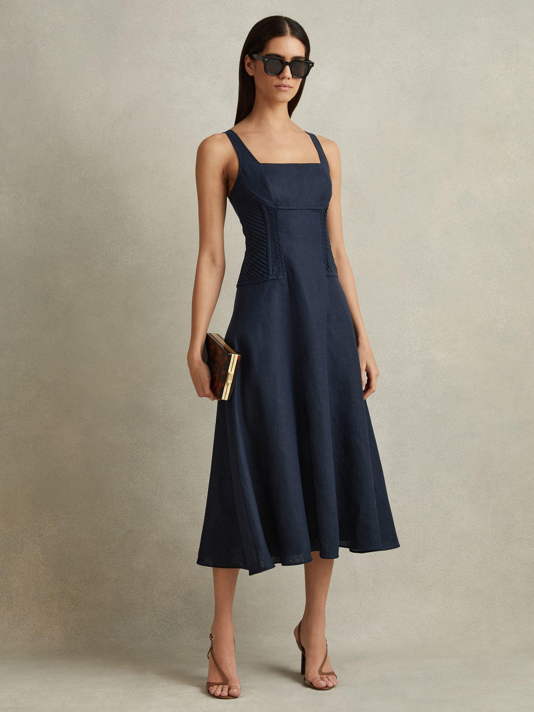 Etta Navy 100% Linen Corset Midi Dress Product Image