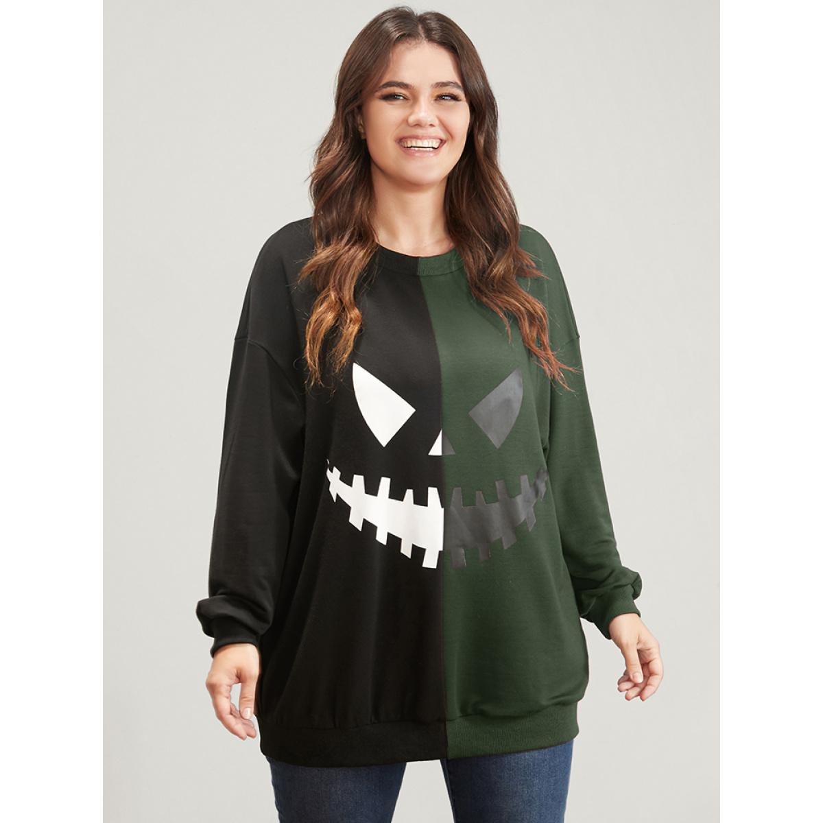 Plus Size Halloween Contrast Drop Shoulder Sweatshirt Women ArmyGreen Party Contrast Round Neck Festival-Halloween Sweatshirts BloomChic 12/L Product Image