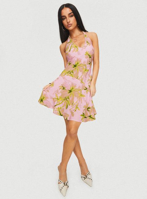 Alcedo Halter Mini Dress Pink / Green Product Image
