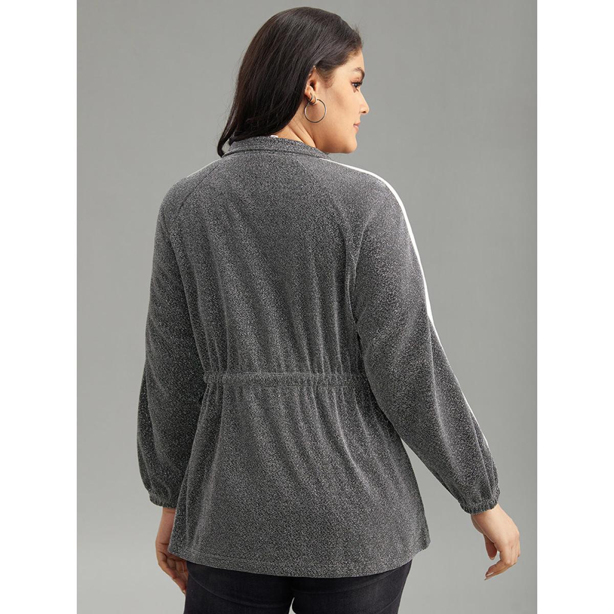 Plus Size Patchwork Contrast Trim Drawstring Zipper Jacket Women DimGray Contrast Dailywear Jackets BloomChic 10/M Product Image