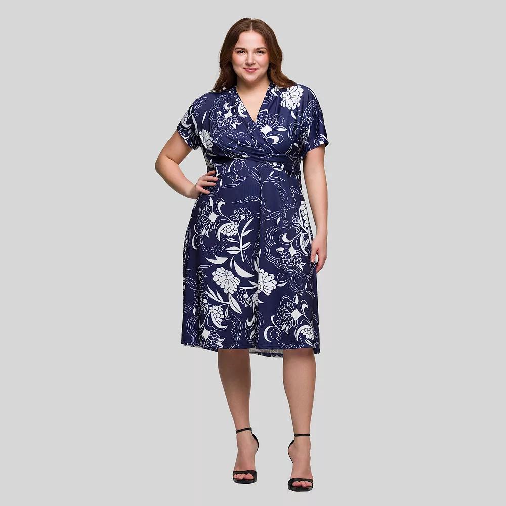 Plus Size 24Seven Comfort Apparel V-Neck Knee Length Short Sleeve Wrap Dress, Women's, Size: 1XL, Blue Team Product Image