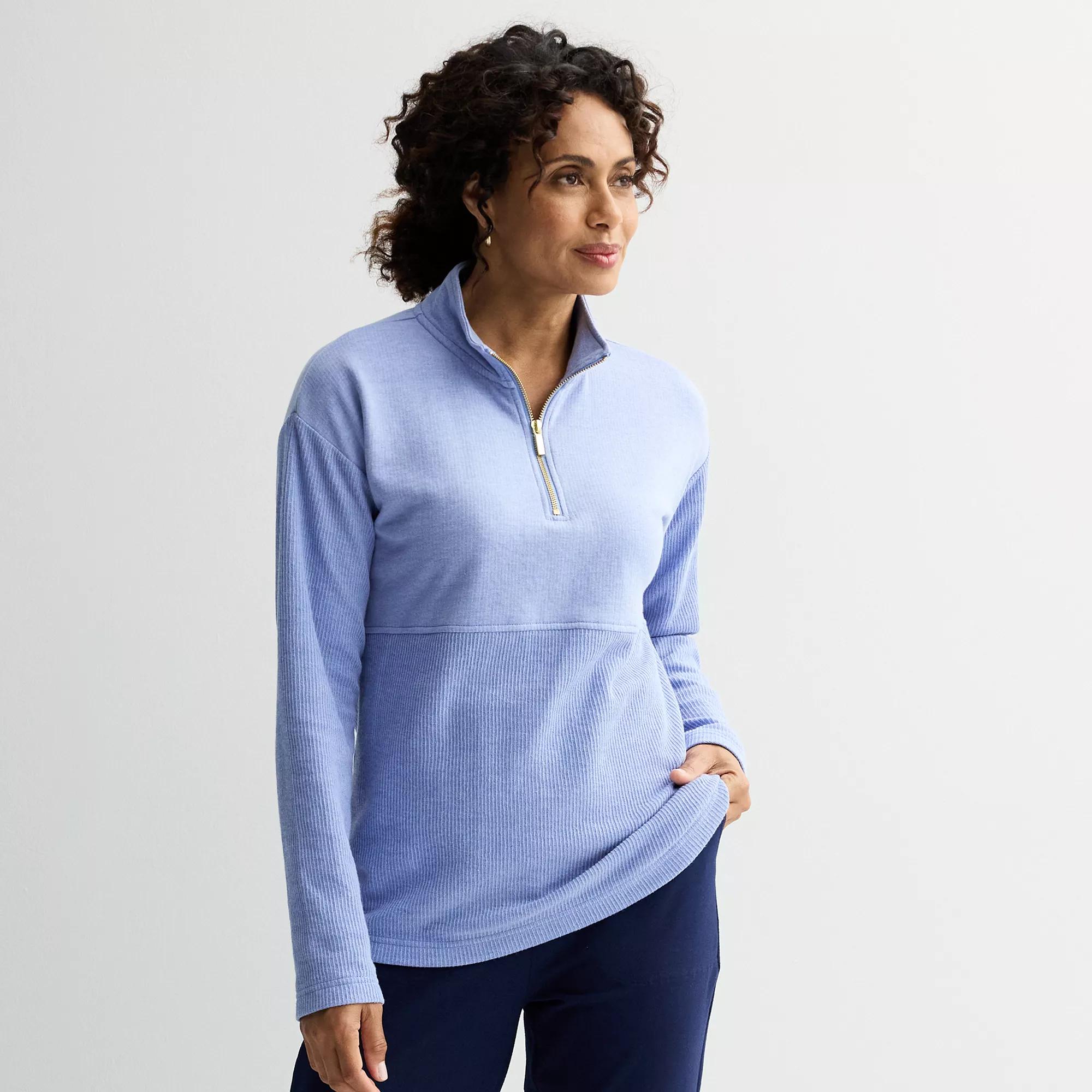 Petite Croft & Barrow® Quarter Zip Waffle Pullover, Women's,  Product Image