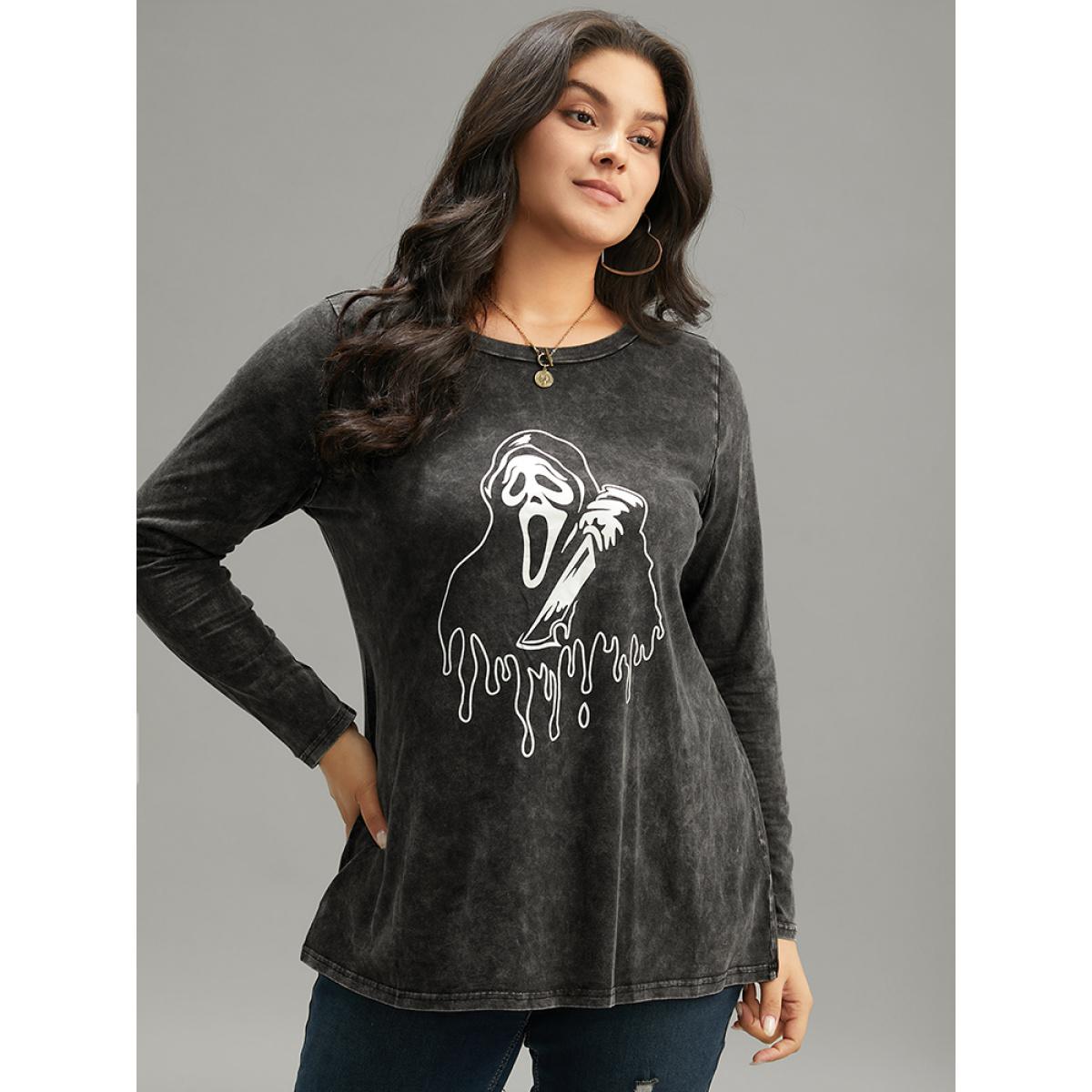 Plus Size Halloween Supersoft Essentials Skull Print Vintage T-shirt Black Women Casual Printed Halloween Festival-Halloween T-shirts BloomChic 14-16/1X Product Image