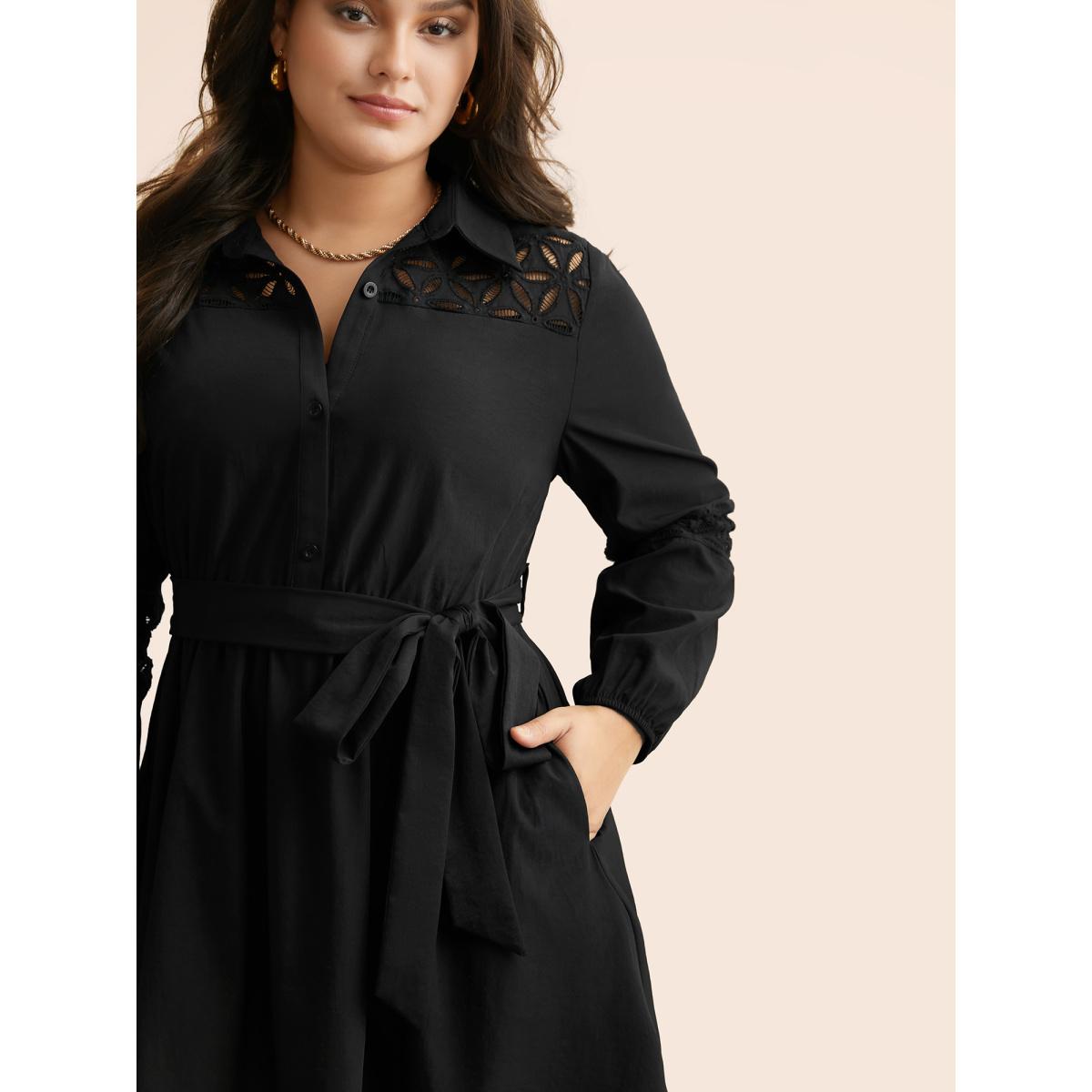 Plus Size Solid Button Up Woven Ribbon Dress Black Women At the Office Woven ribbon&lace trim Shirt collar Long Sleeve Curvy BloomChic 14-16/1X Product Image