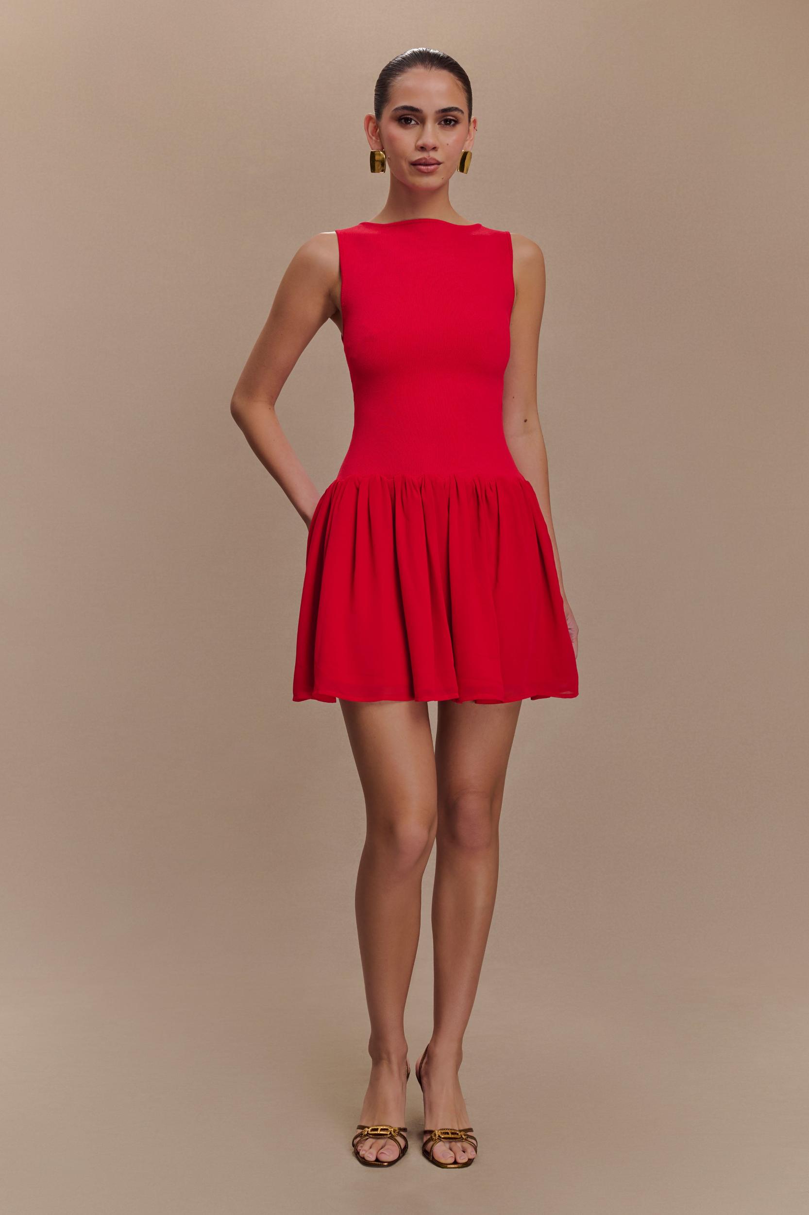 Ashleigh Knit And Chiffon Mini Dress - Red Product Image