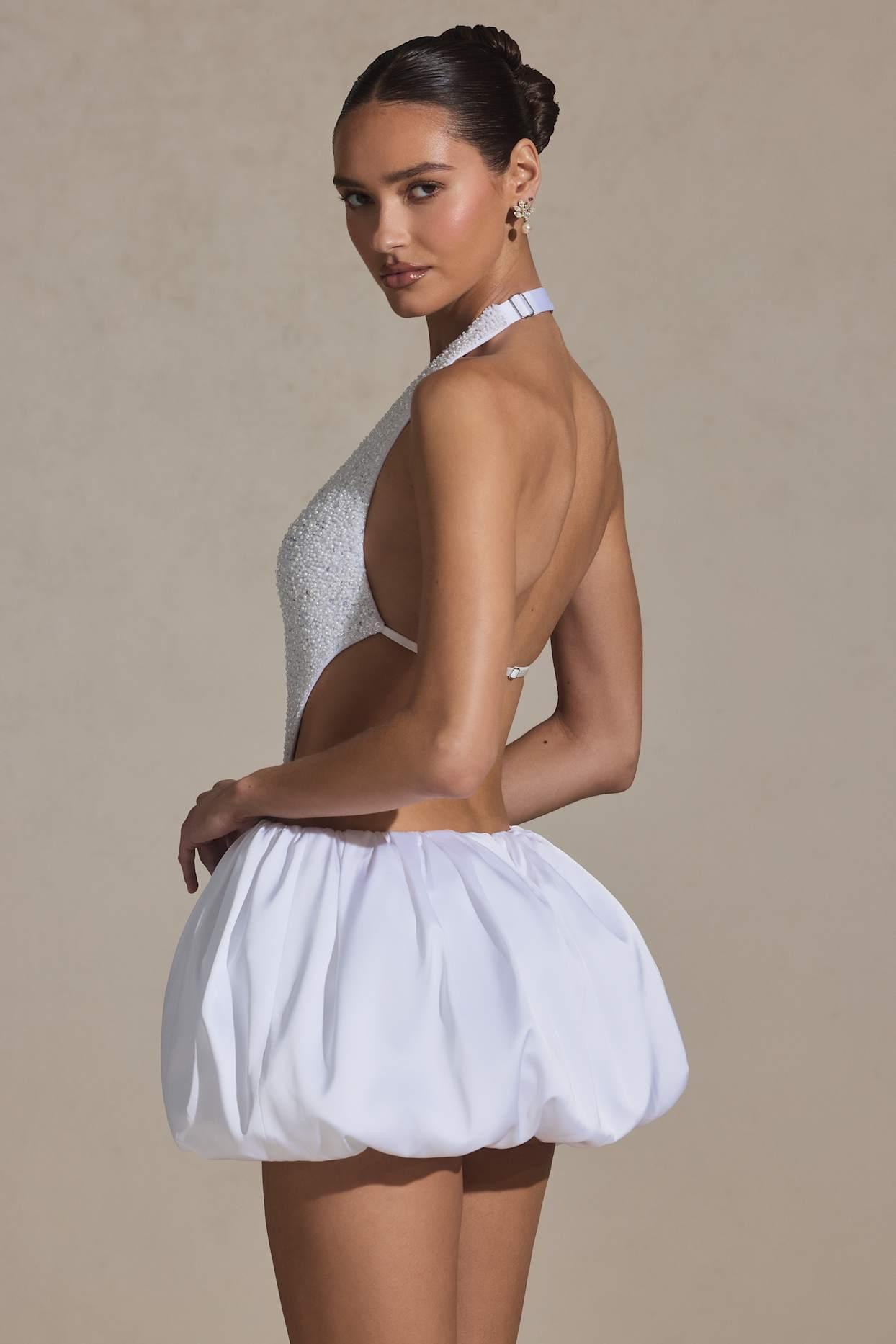 Embellished Cut-Out Bubble Hem Mini Dress in White Product Image