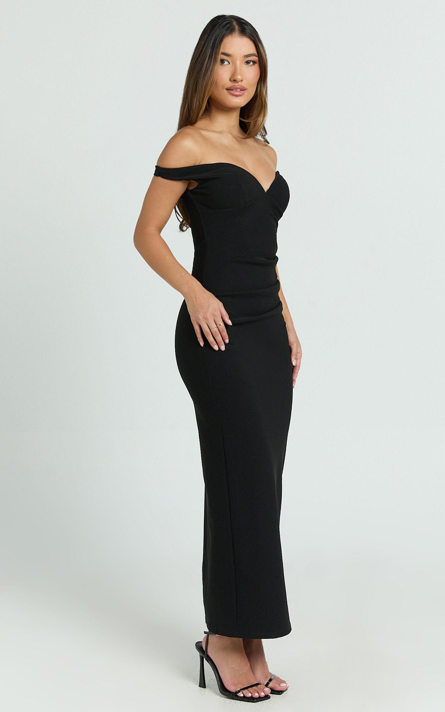 Vinnie Midi Dress - Off Shoulder Bustier Side Tuck Fitted Dress in Black Product Image