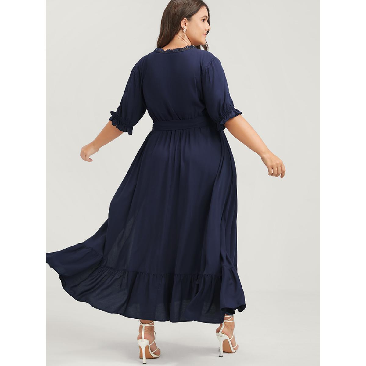 Plus Size Solid Knotted Pocket Lace Trim Wrap Maxi Dress Navy Women Elegant Patchwork V-neck Half Sleeve Curvy Midi Dress BloomChic 10/M Product Image