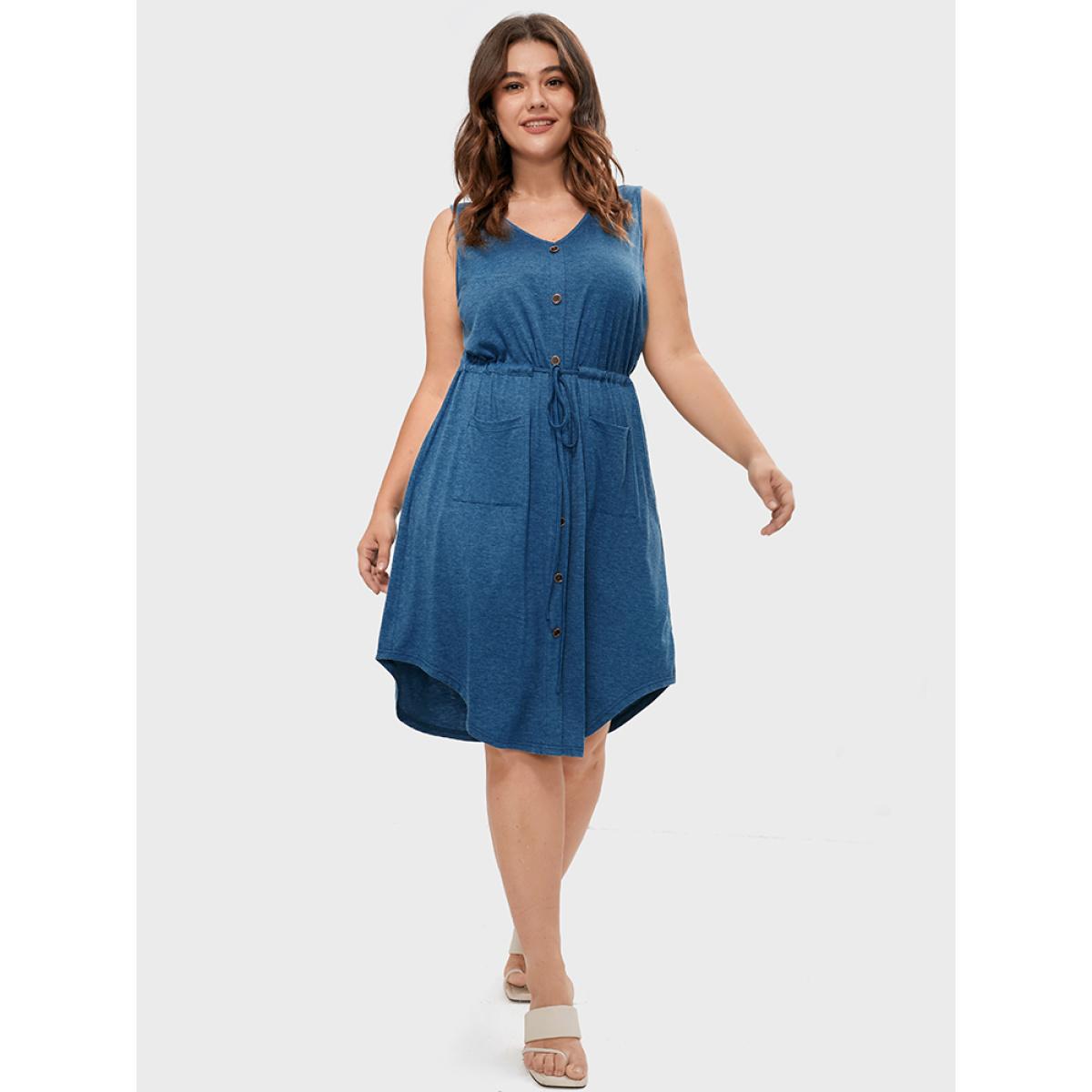 Plus Size Solid Fake Buttons Drawstring Waist Patched Pocket Knee Dress DarkBlue Women Casual Drawstring V-neck Short sleeve Curvy Knee Dress BloomChic 14-16/1X Product Image