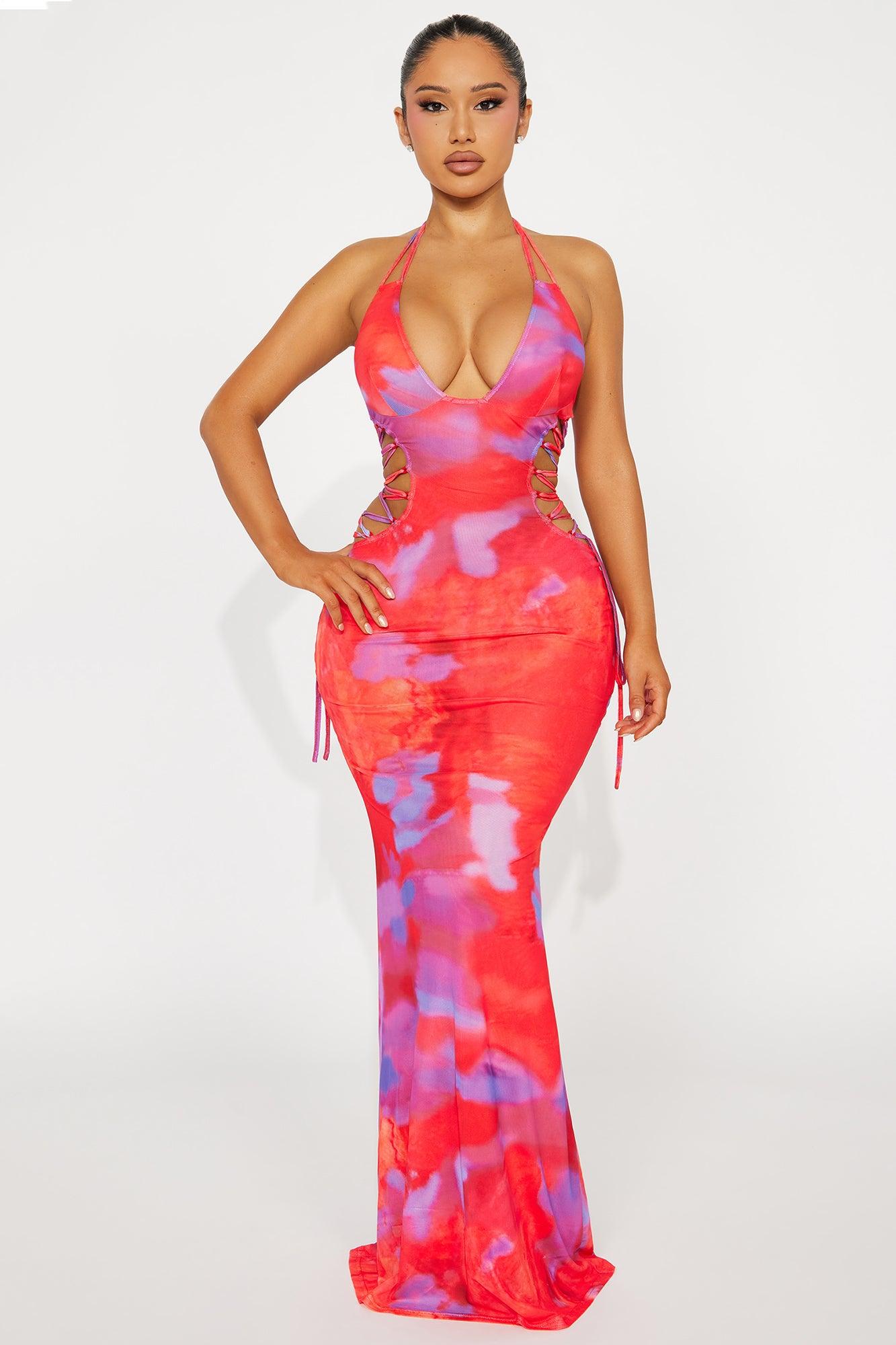 Emma Printed Cut Out Maxi Dress - Red/combo Product Image