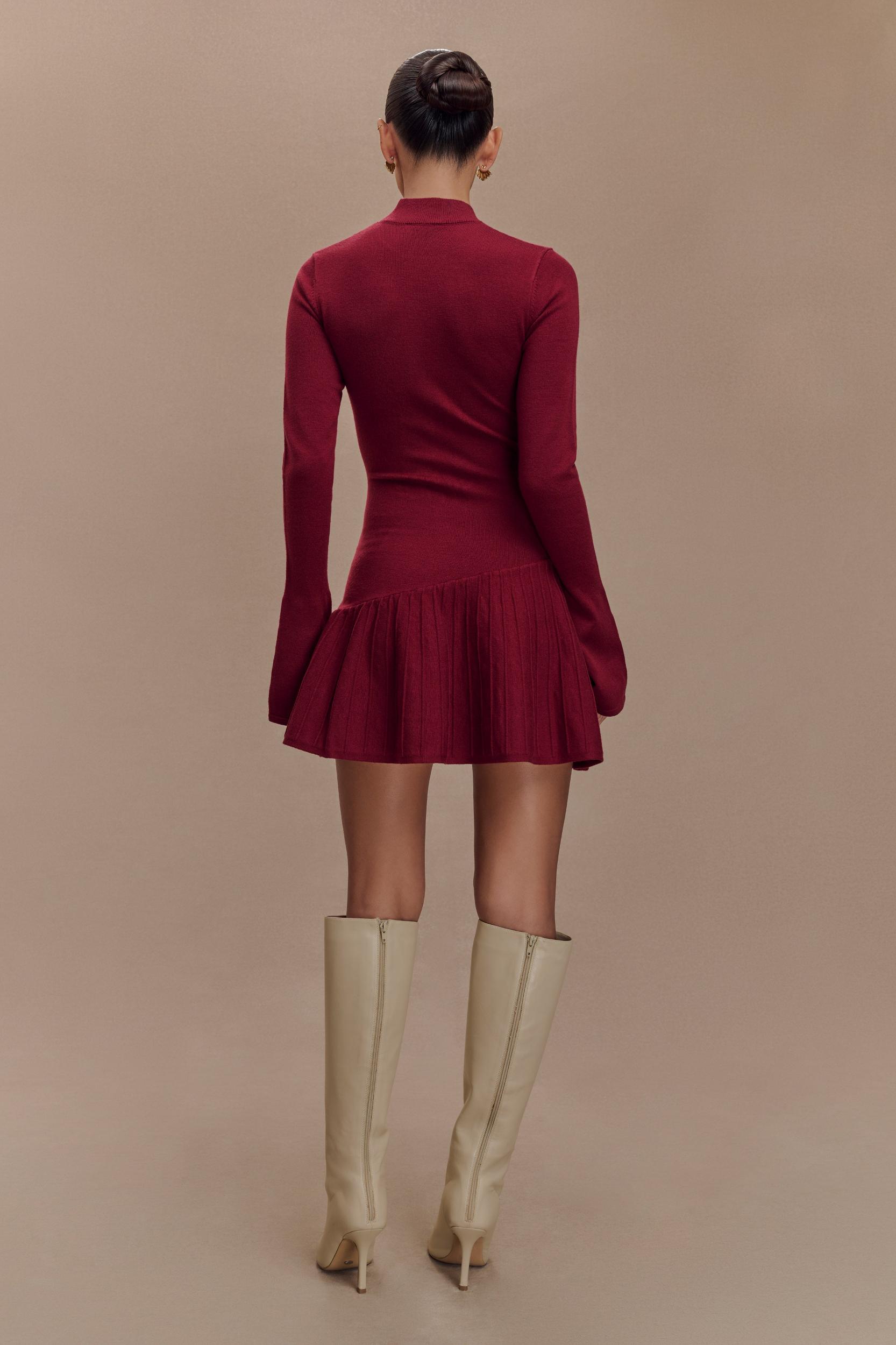 Blair Knit Mini Dress With Pleats - Merlot Product Image